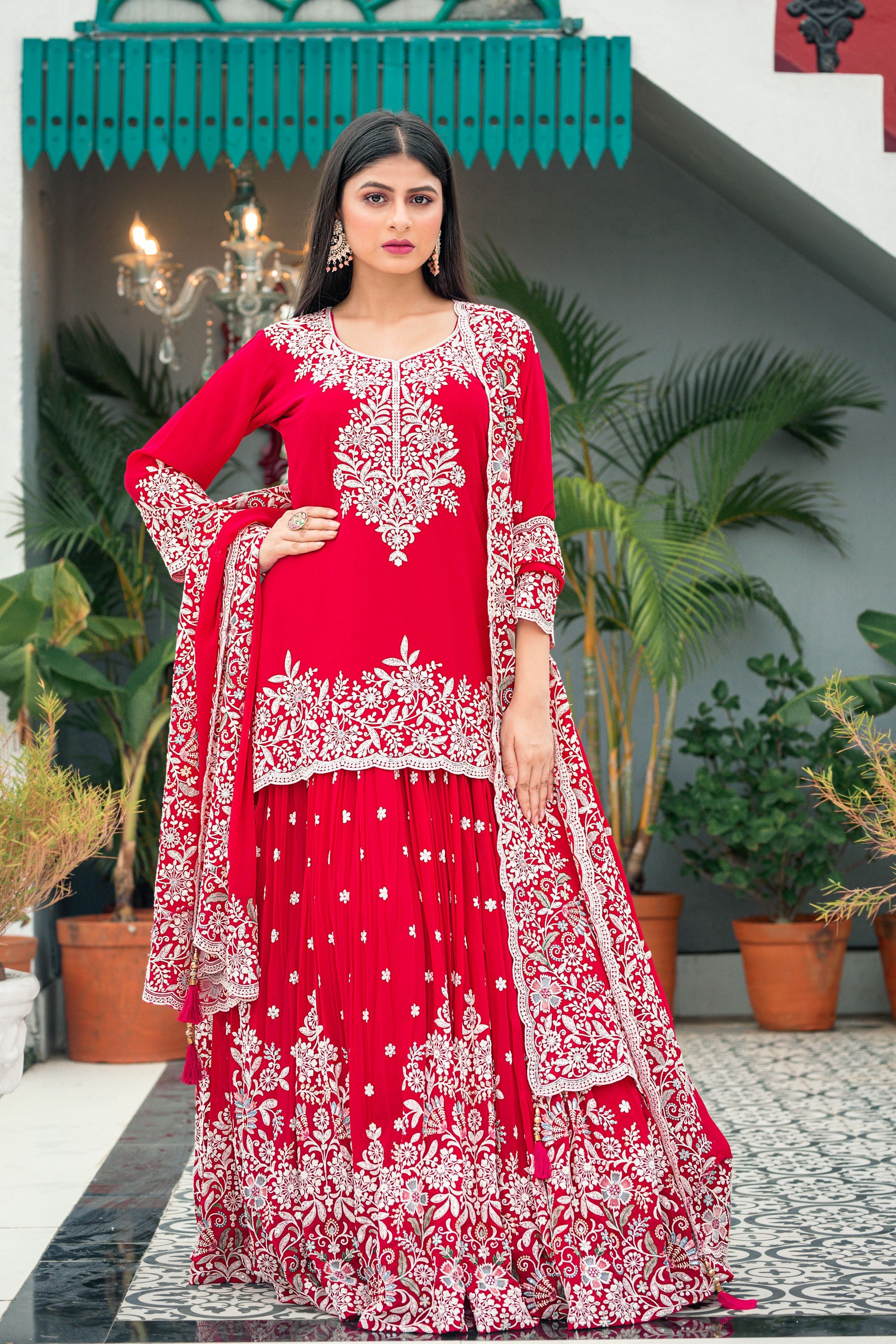 Bright Red Embroidered Swiss Georgette Silk Lehenga Set