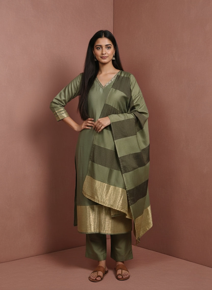 Olive Aura Premium Silk Kurta Set