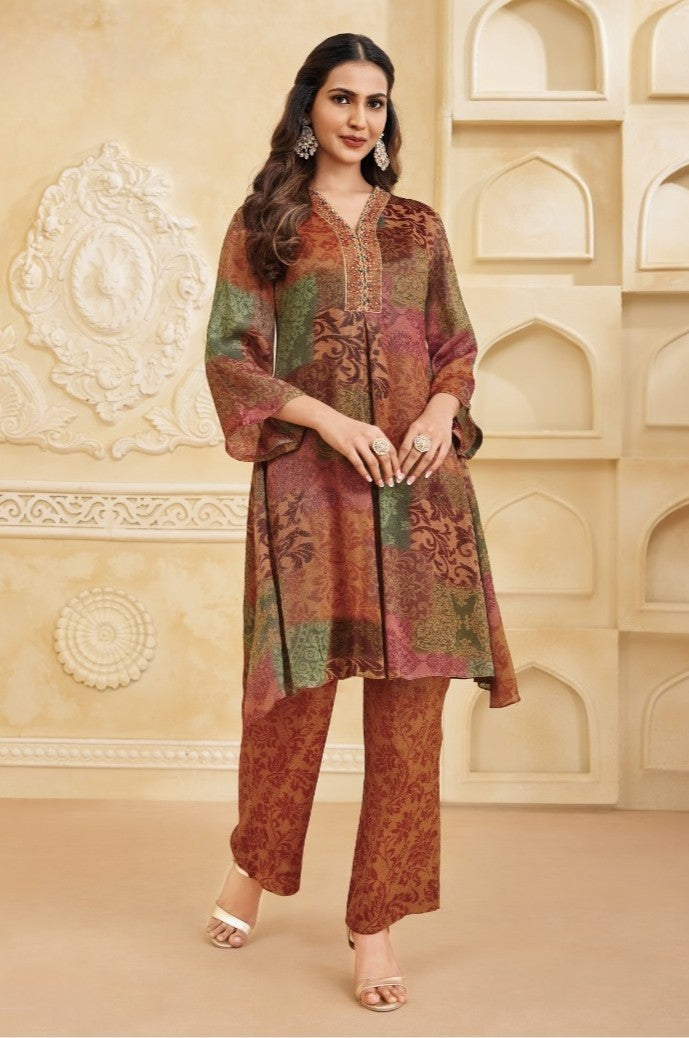 Earthy Brown Printed Chinon Silk Kurta Set