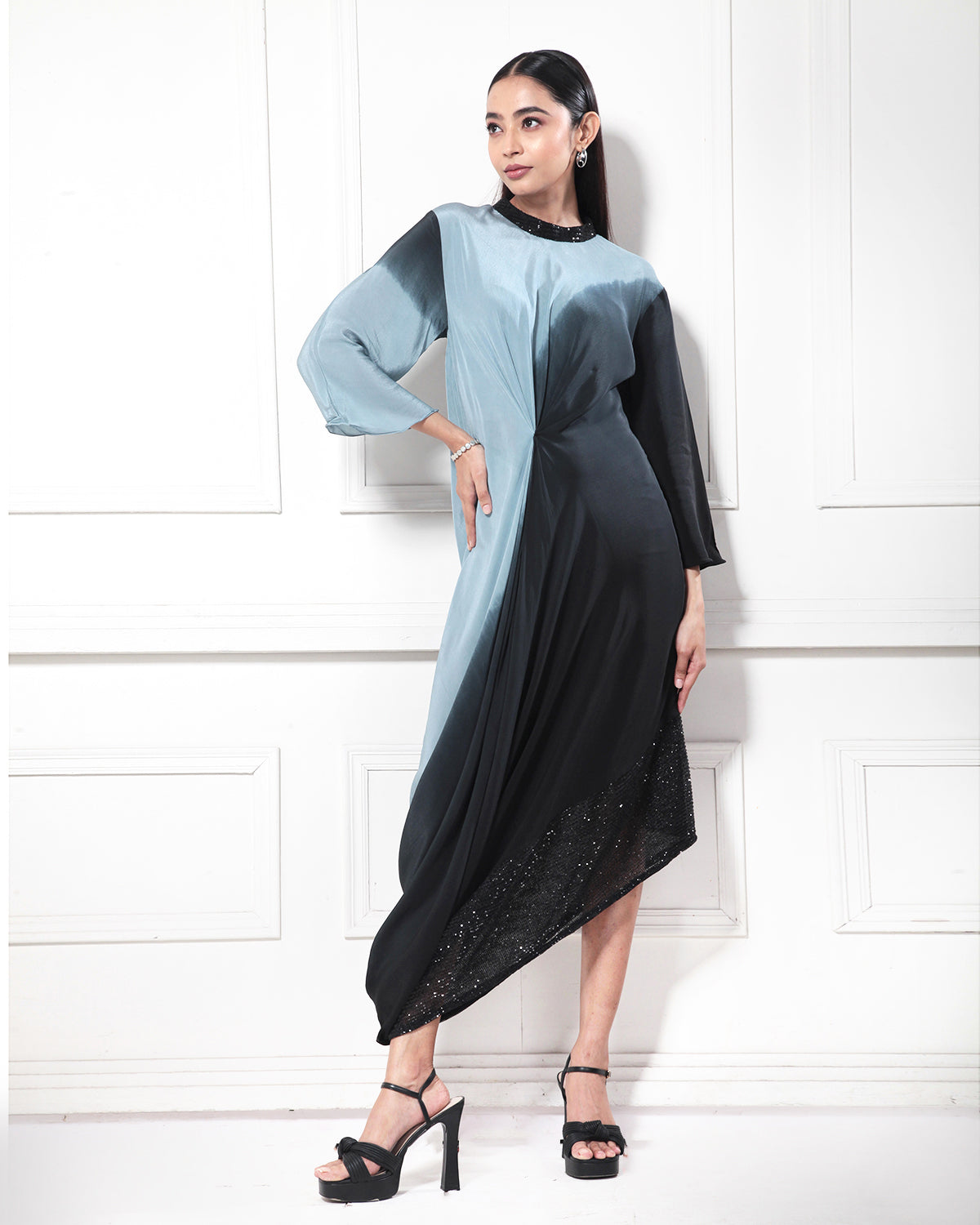 Blue Orion Ombre-Dyed Asymmetrical Cowl Dress