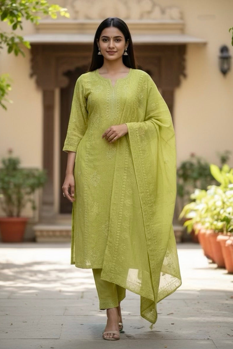 Lime Green Embroidered Mul Chanderi Silk Pant Set