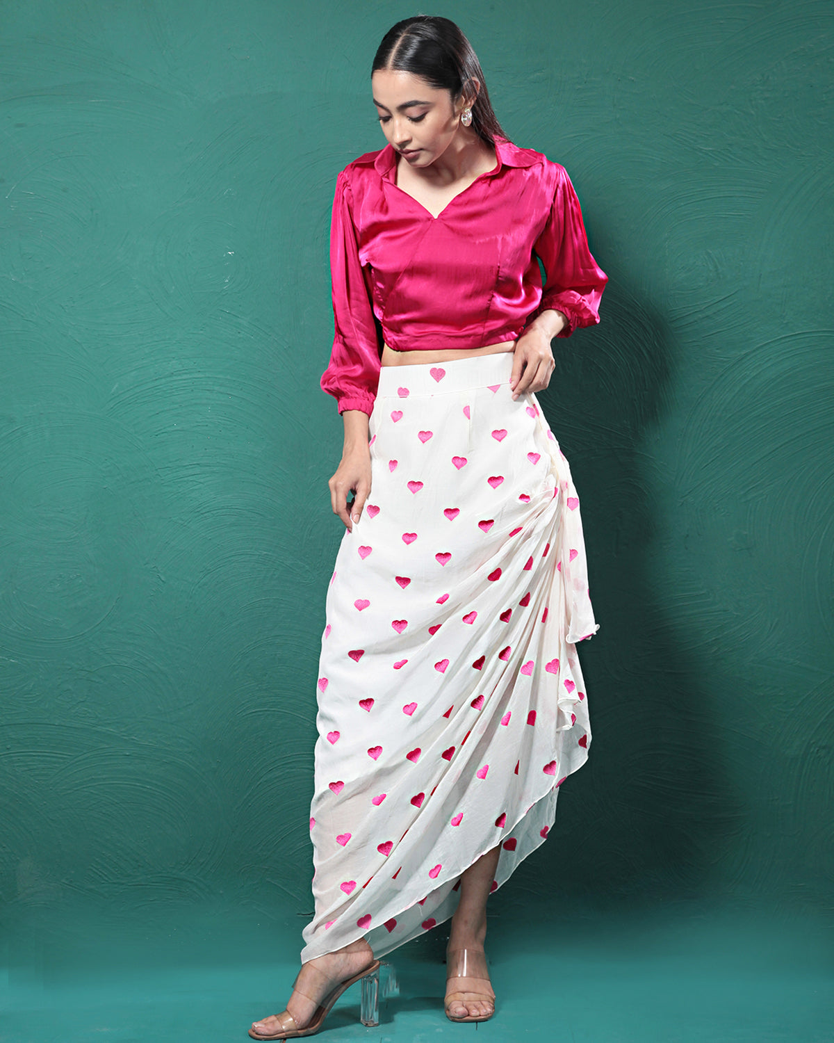 Gentle Pink Pure Hearts Printed Crop Top & Skirt