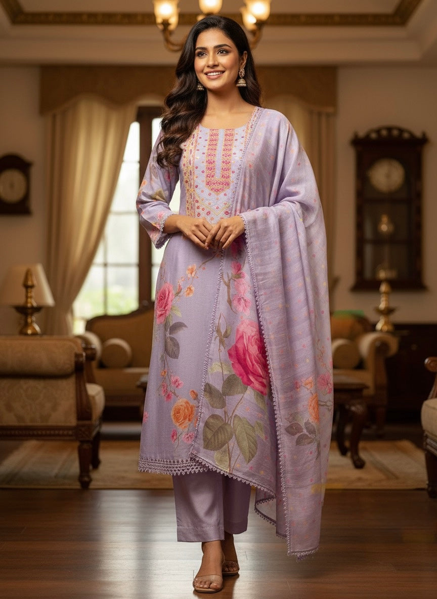 Soft Lilac Floral Printed Linen Pant Set