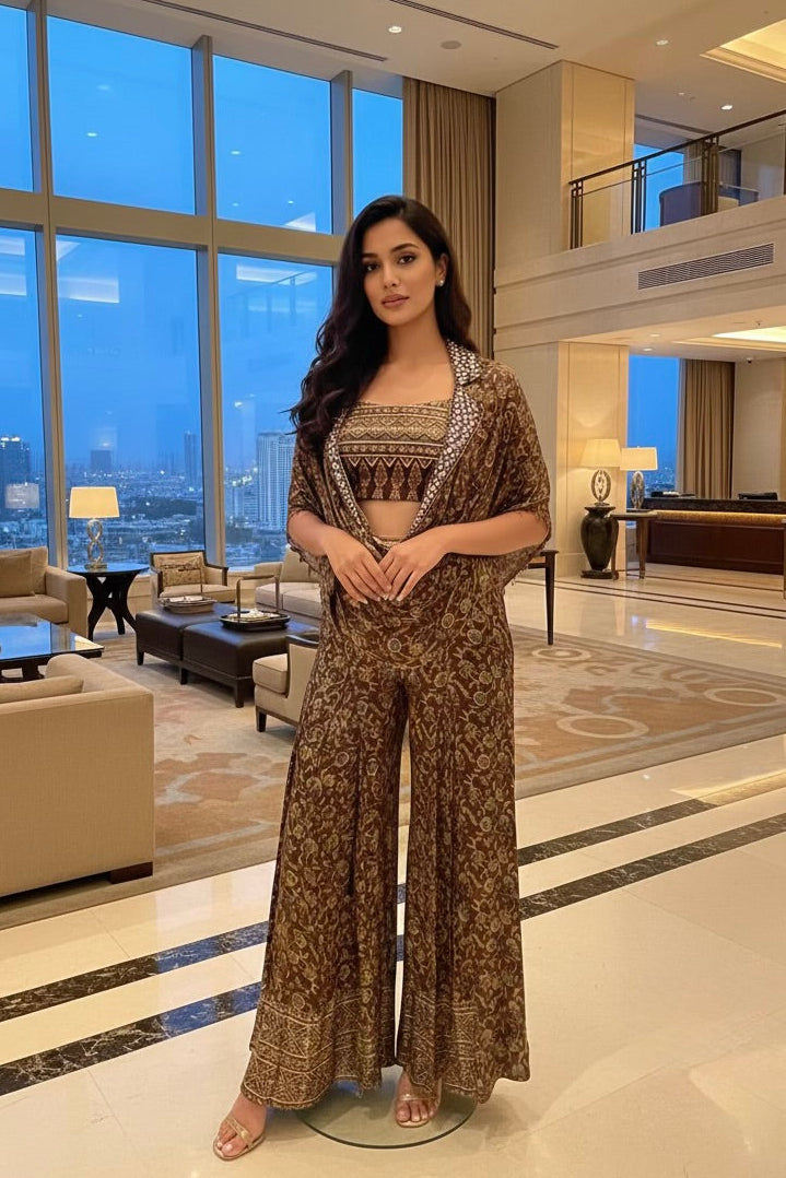 Mocha Ajrakh Printed Satin Silk Co-Ord Set