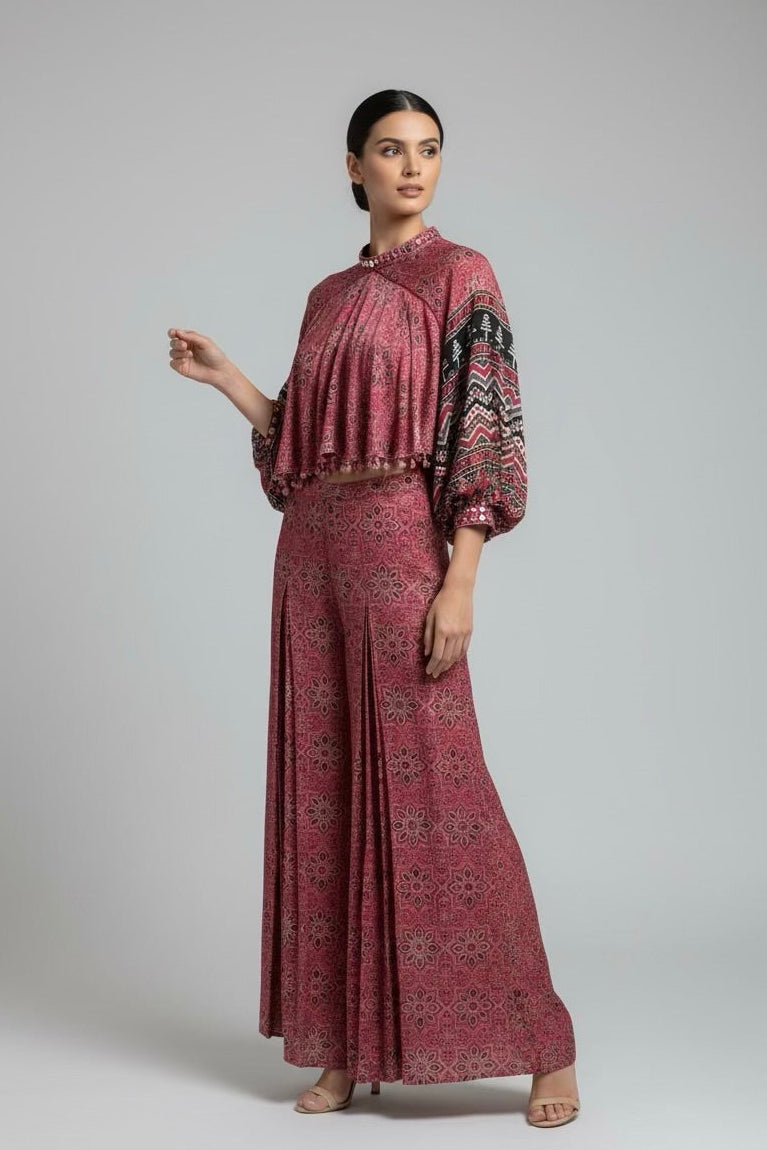Berry Boho Ajrakh Printed Satin Silk Co-Ord Set