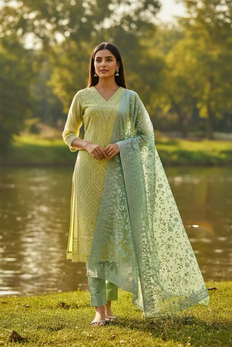 Lime & Mint Embroidered Mul Chanderi Silk Pant Set
