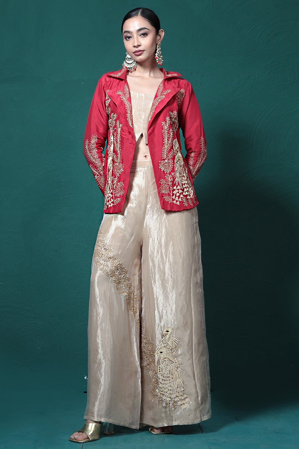 Crimson Red Embroidered Jacket & Palazzo Set
