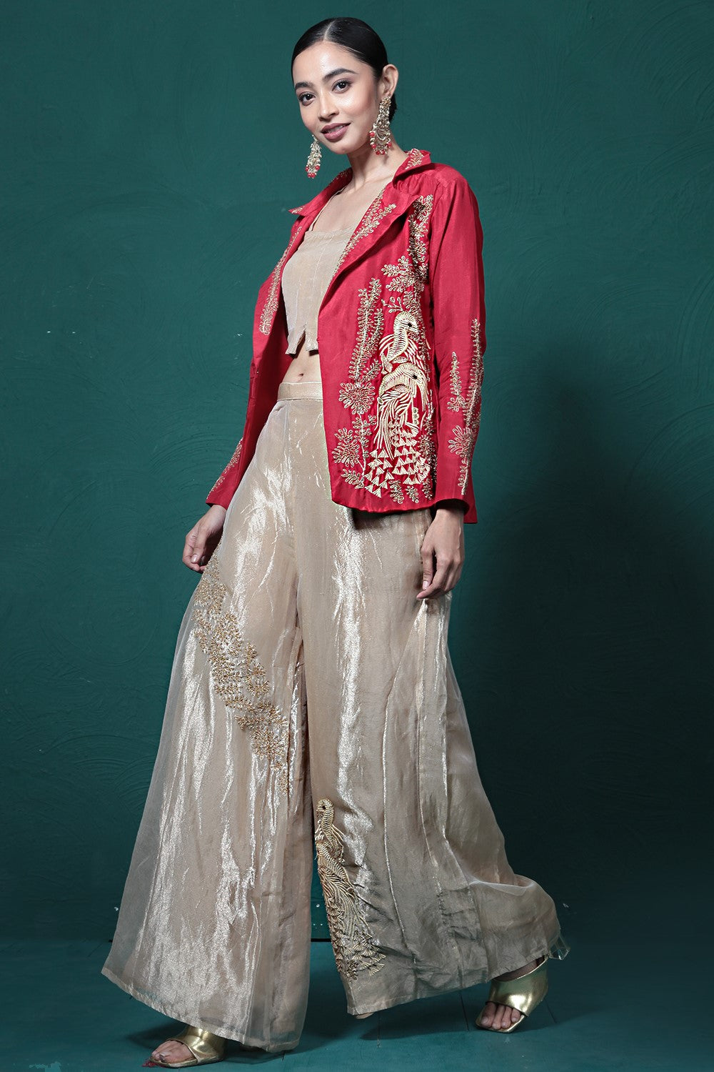Crimson Red Embroidered Jacket & Palazzo Set