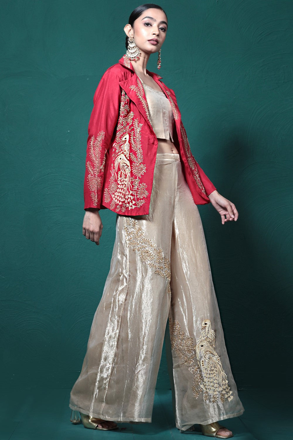 Crimson Red Embroidered Jacket & Palazzo Set