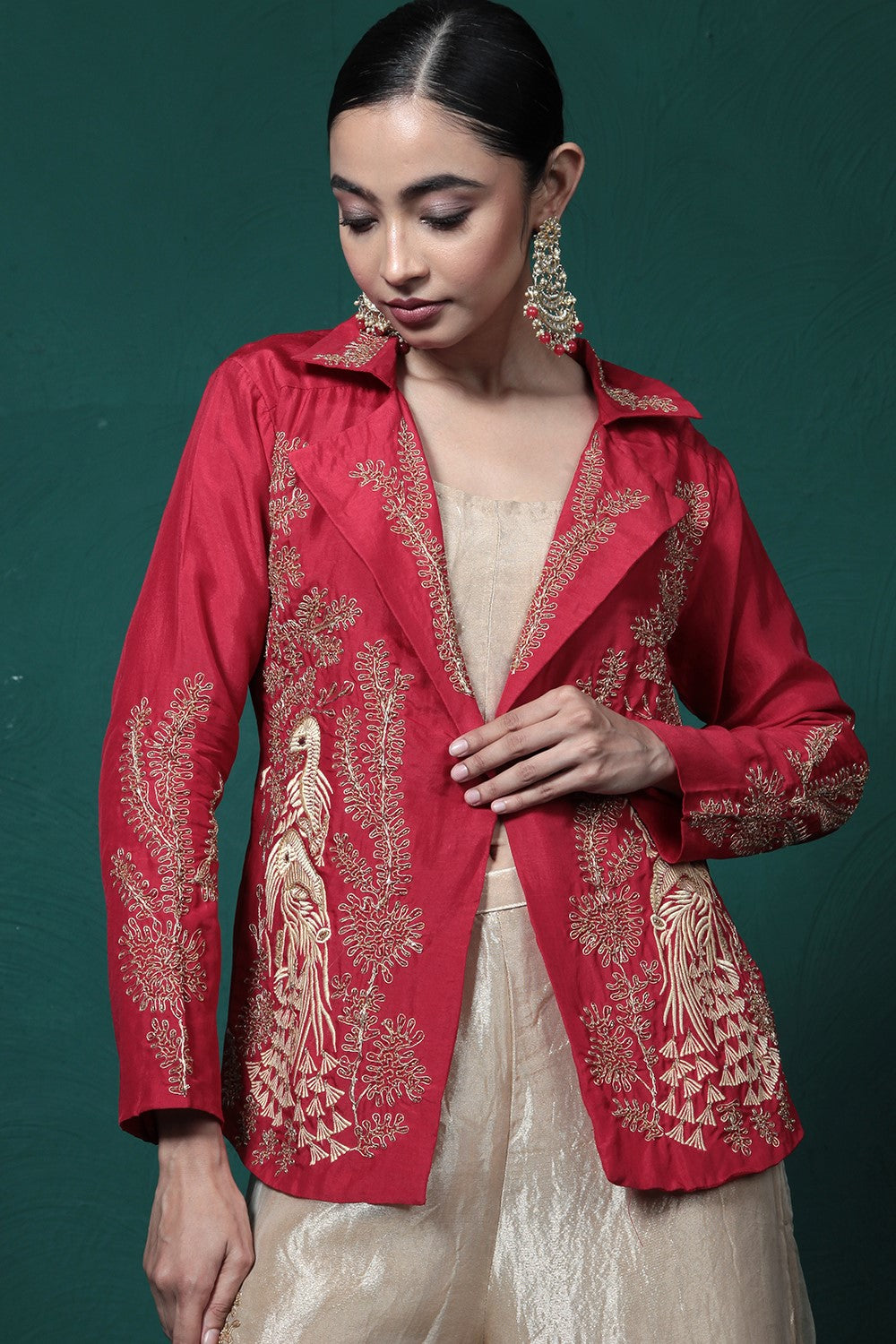 Crimson Red Embroidered Jacket & Palazzo Set