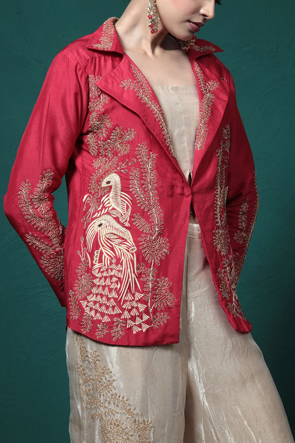 Crimson Red Embroidered Jacket & Palazzo Set