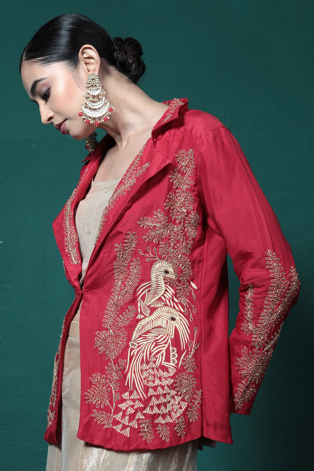 Crimson Red Embroidered Jacket & Palazzo Set