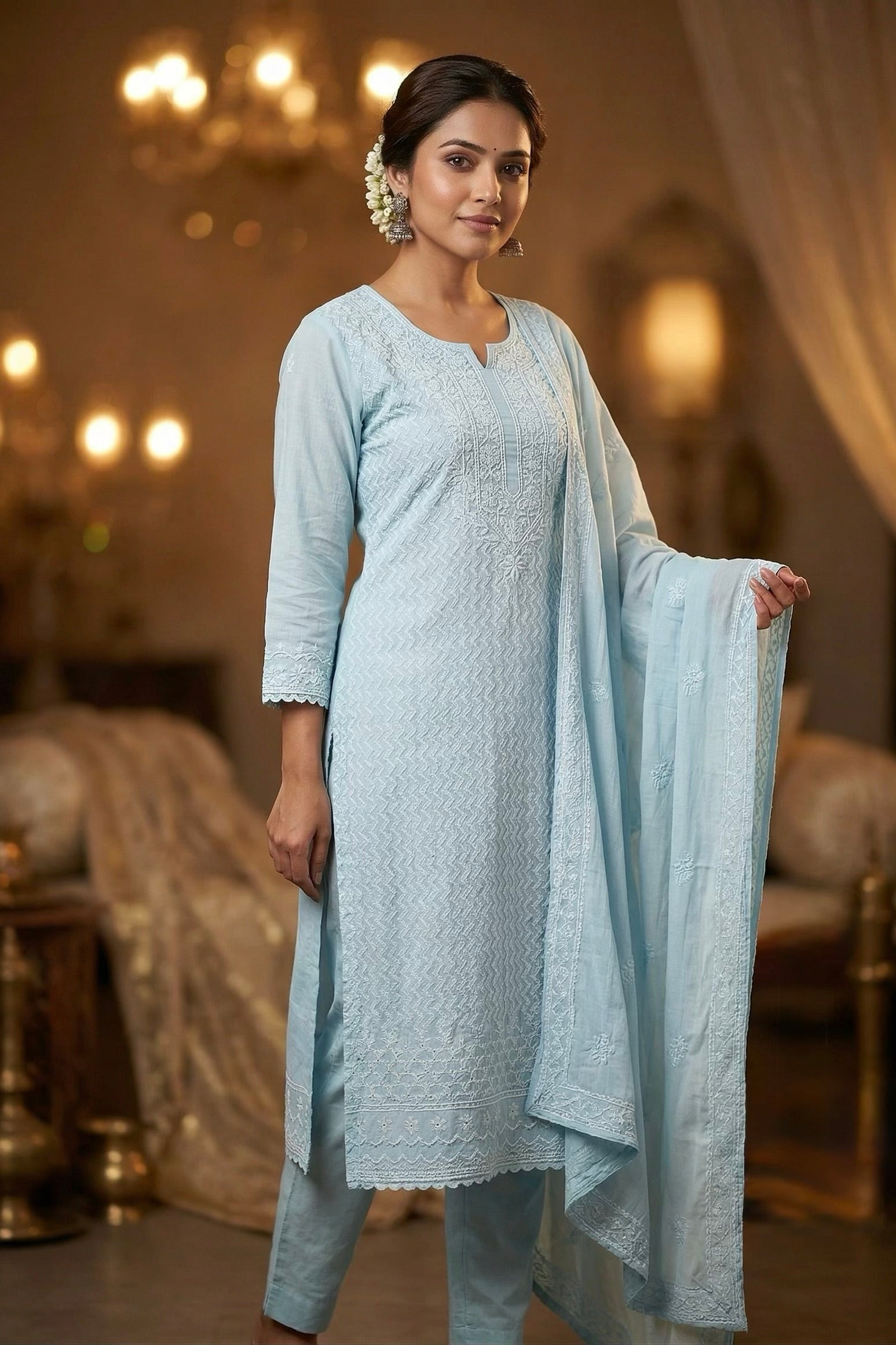 Powder Blue Embroidered Mul Chanderi Silk Pant Set