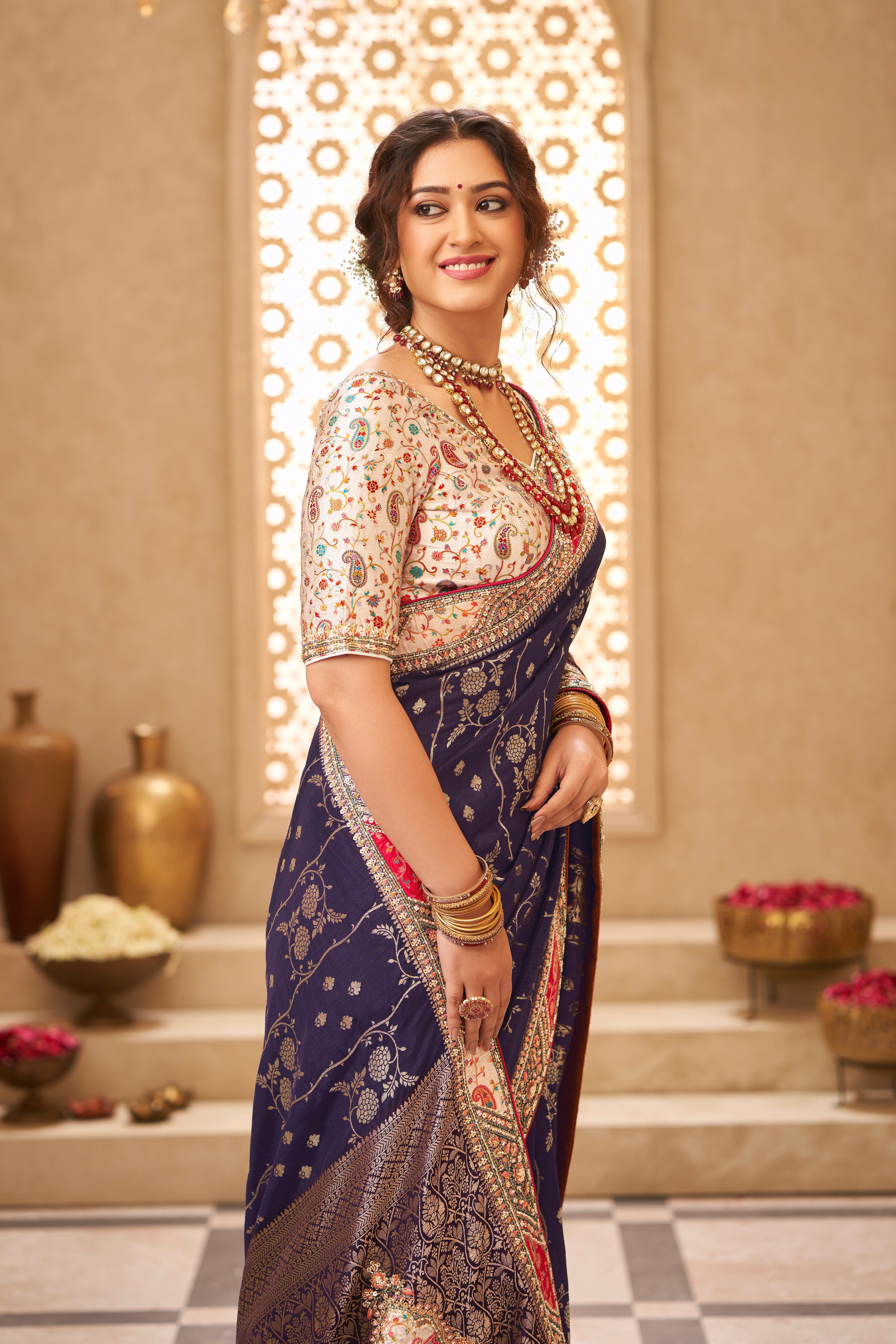 Regal Purple Digital Printed Tussar Satin Silk Saree