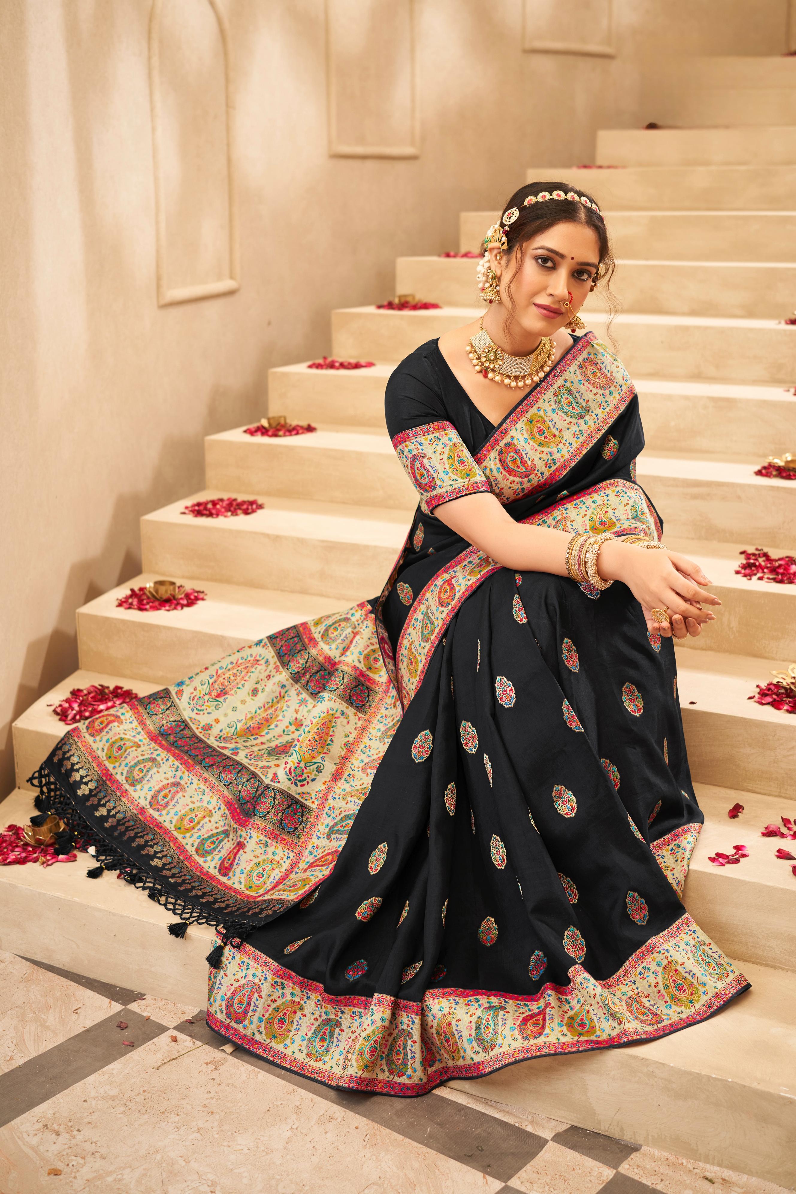 Black Multicolor Embellished Tussar Silk Saree