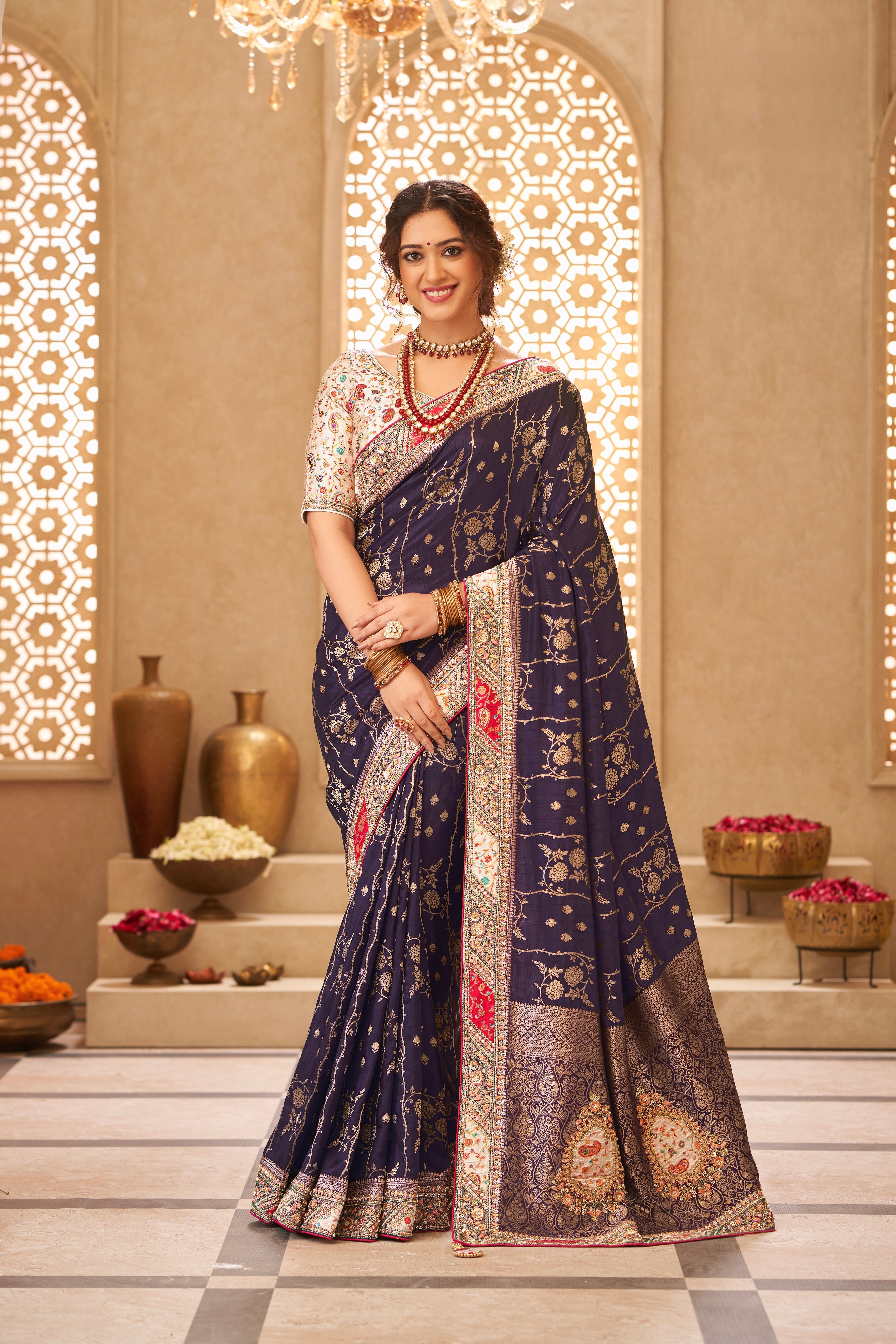 Regal Purple Digital Printed Tussar Satin Silk Saree