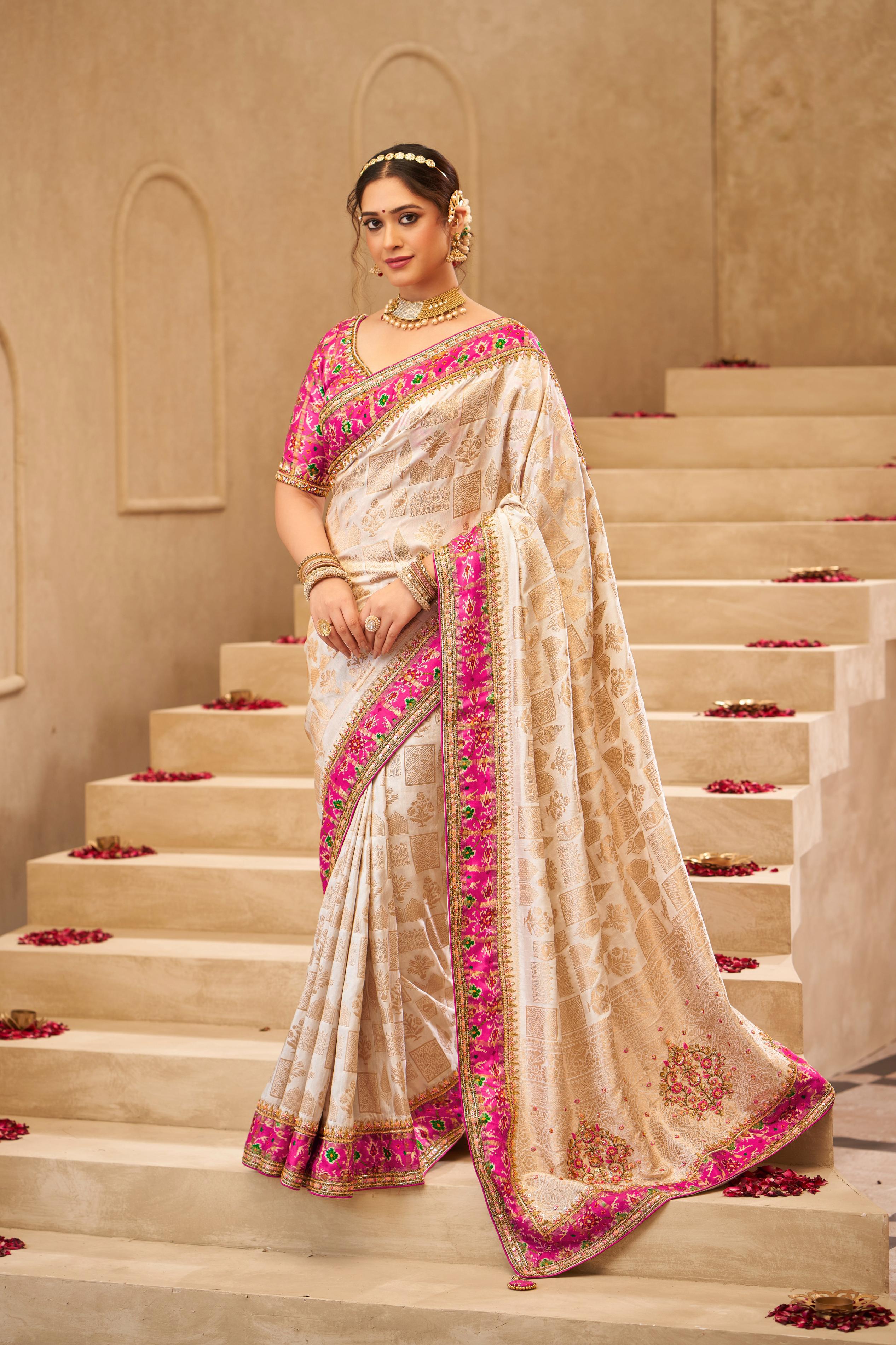 Elegant Cream Digital Printed Dola Silk Saree