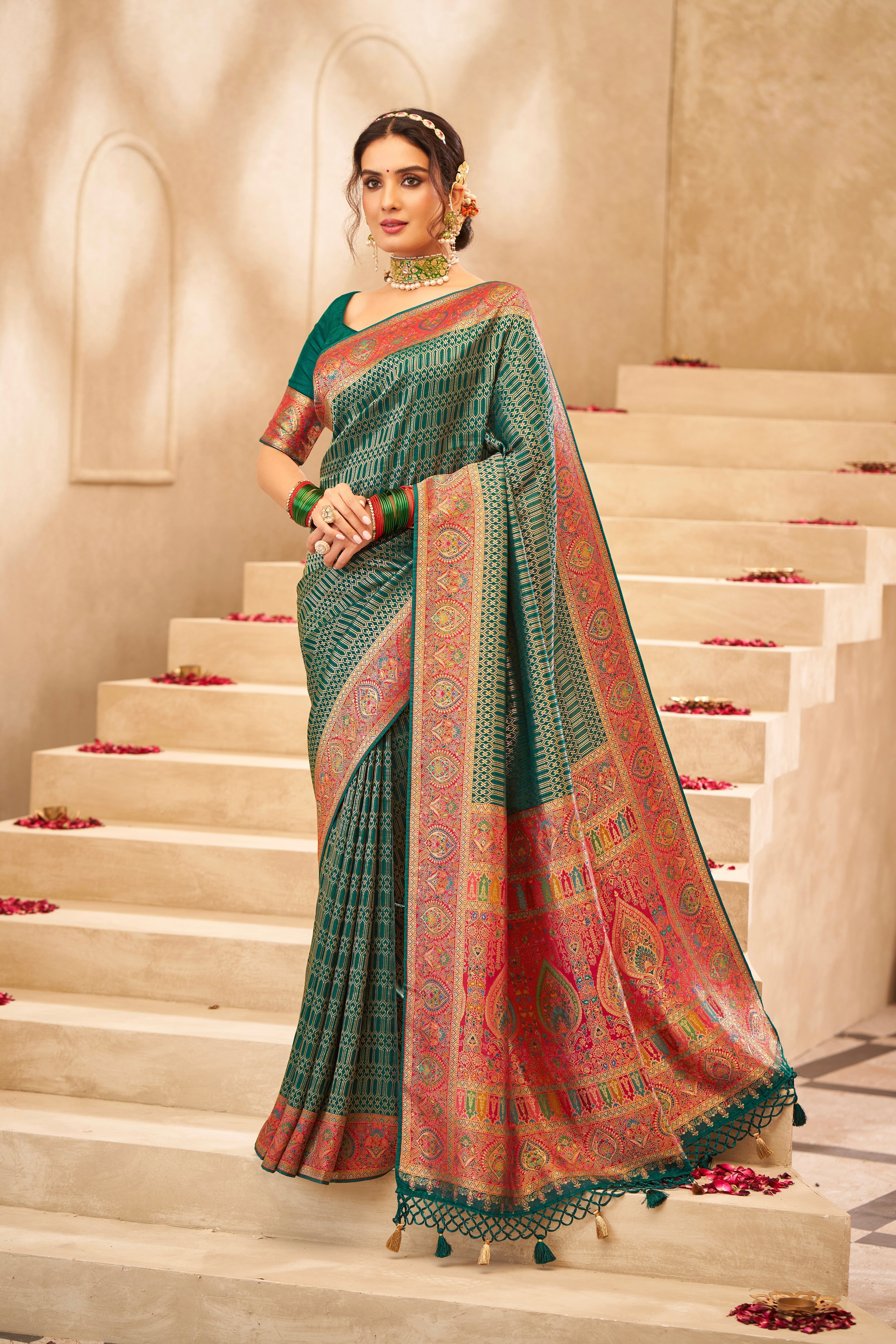 Traditional Border Cut Tussar Rangkaat Silk Saree