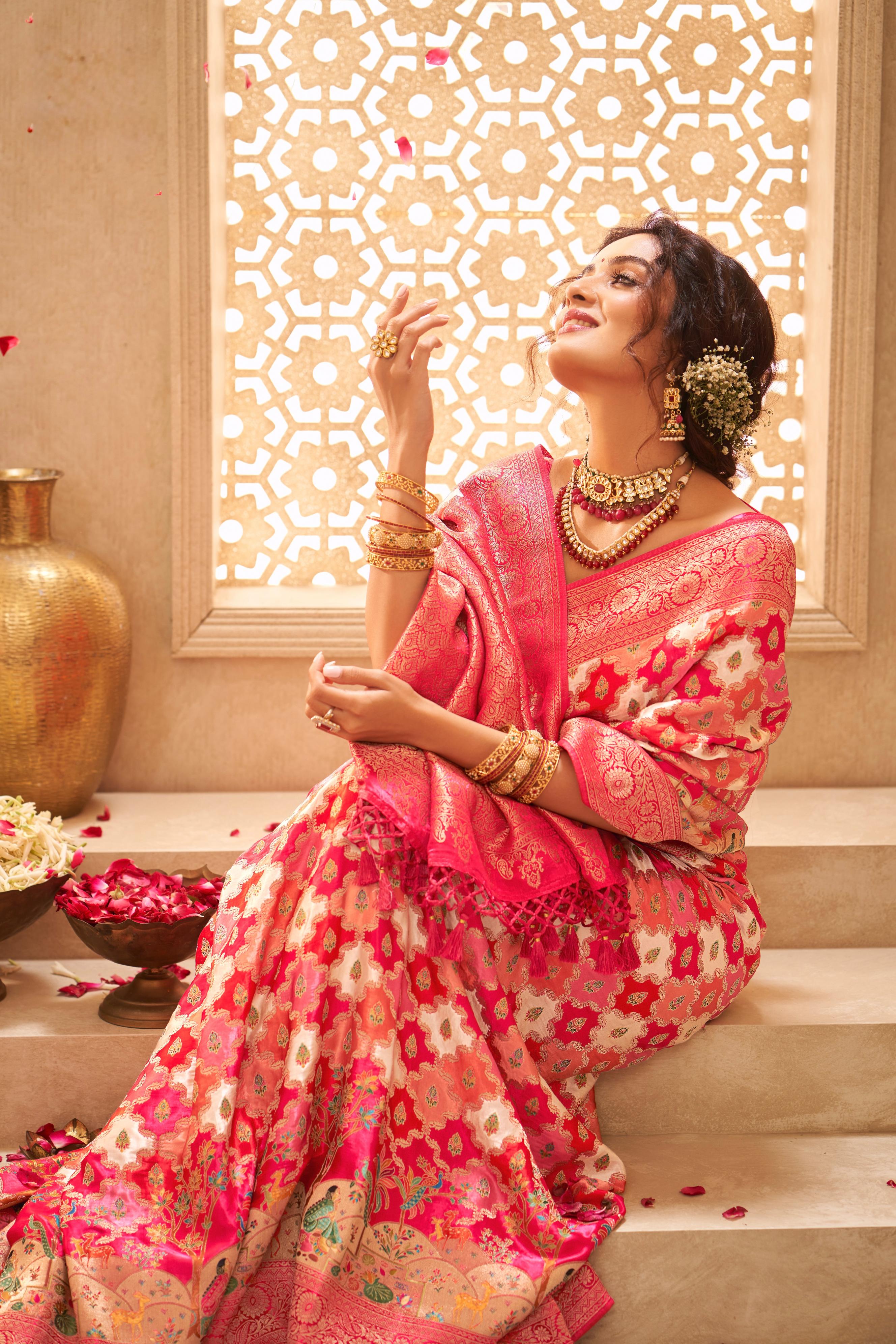 Crimson Red & Cream Banarasi Silk Saree