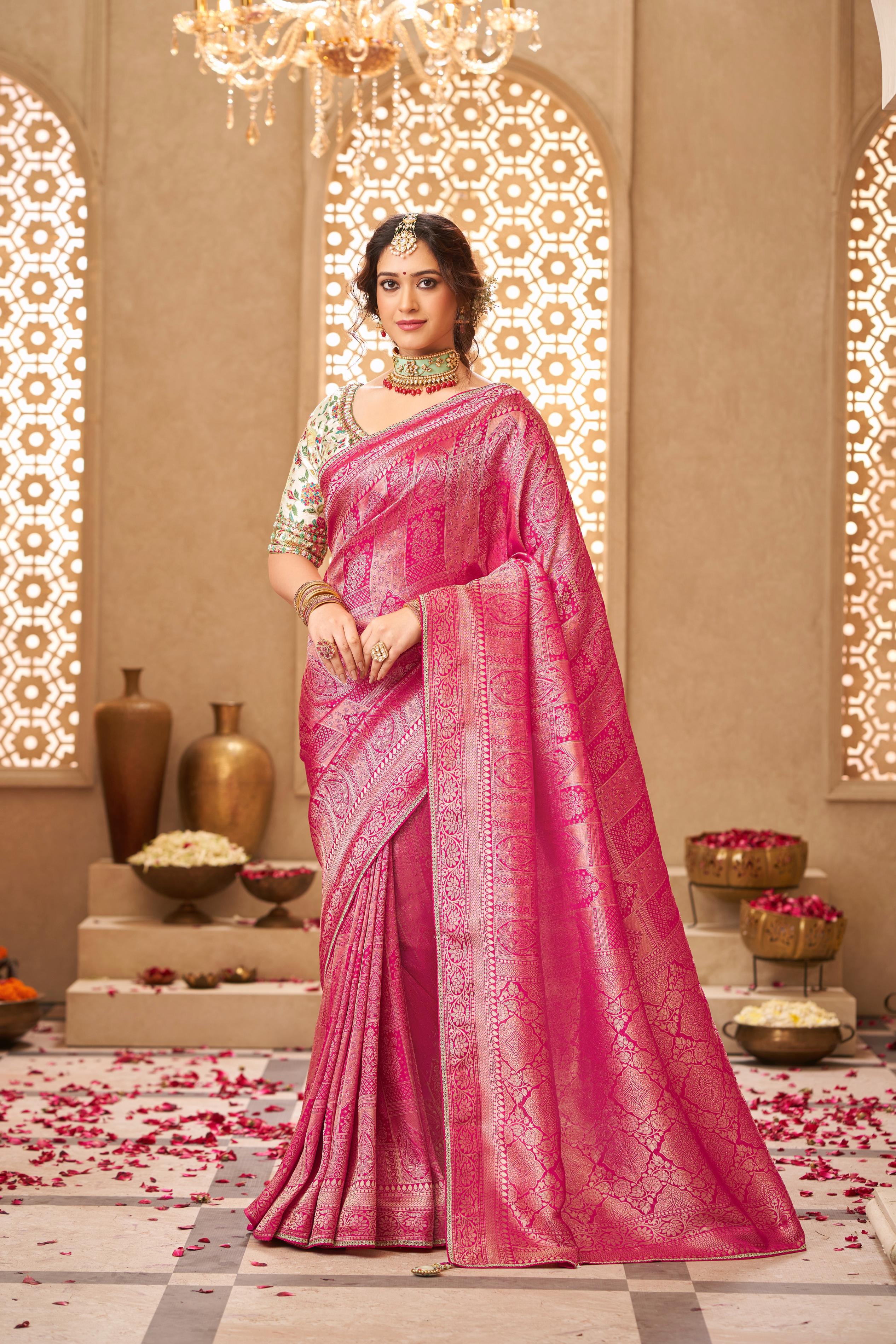 Graceful Pink Digital Printed Tussar Satin Silk Saree