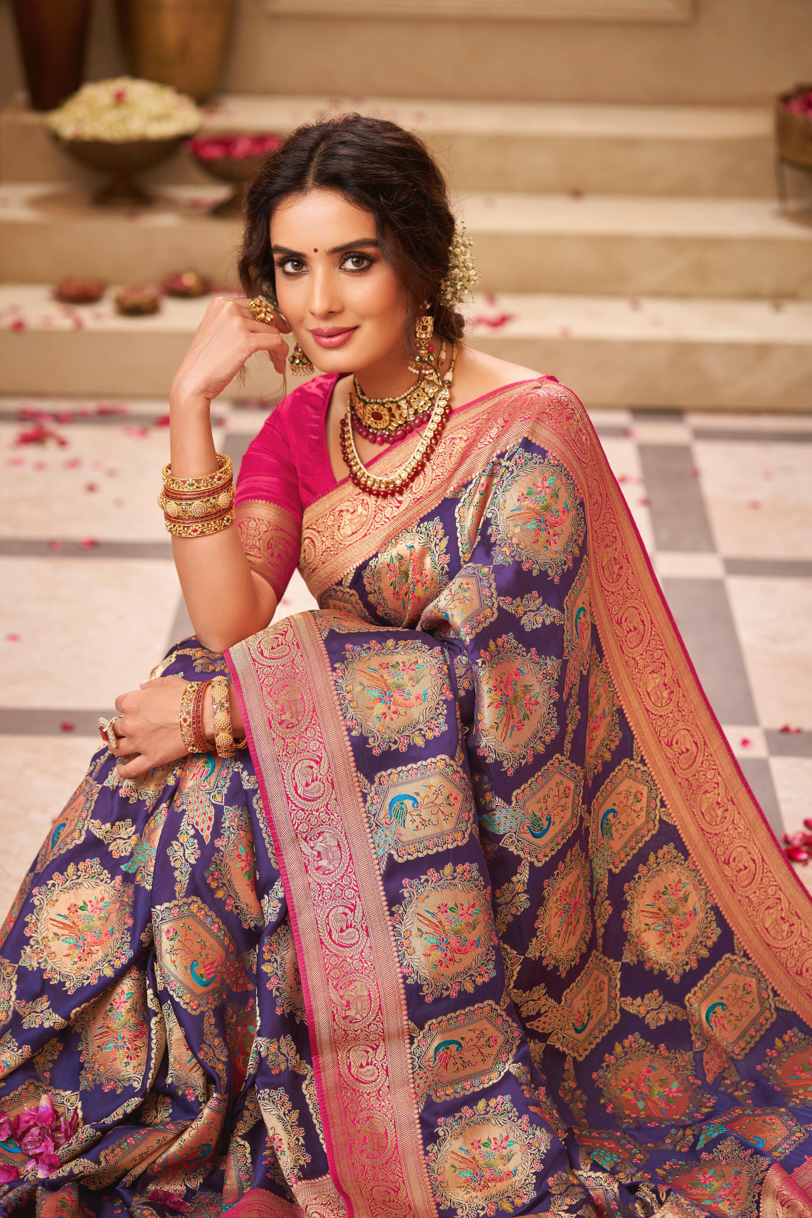Midnight Blue Embellished Tussar Silk Saree