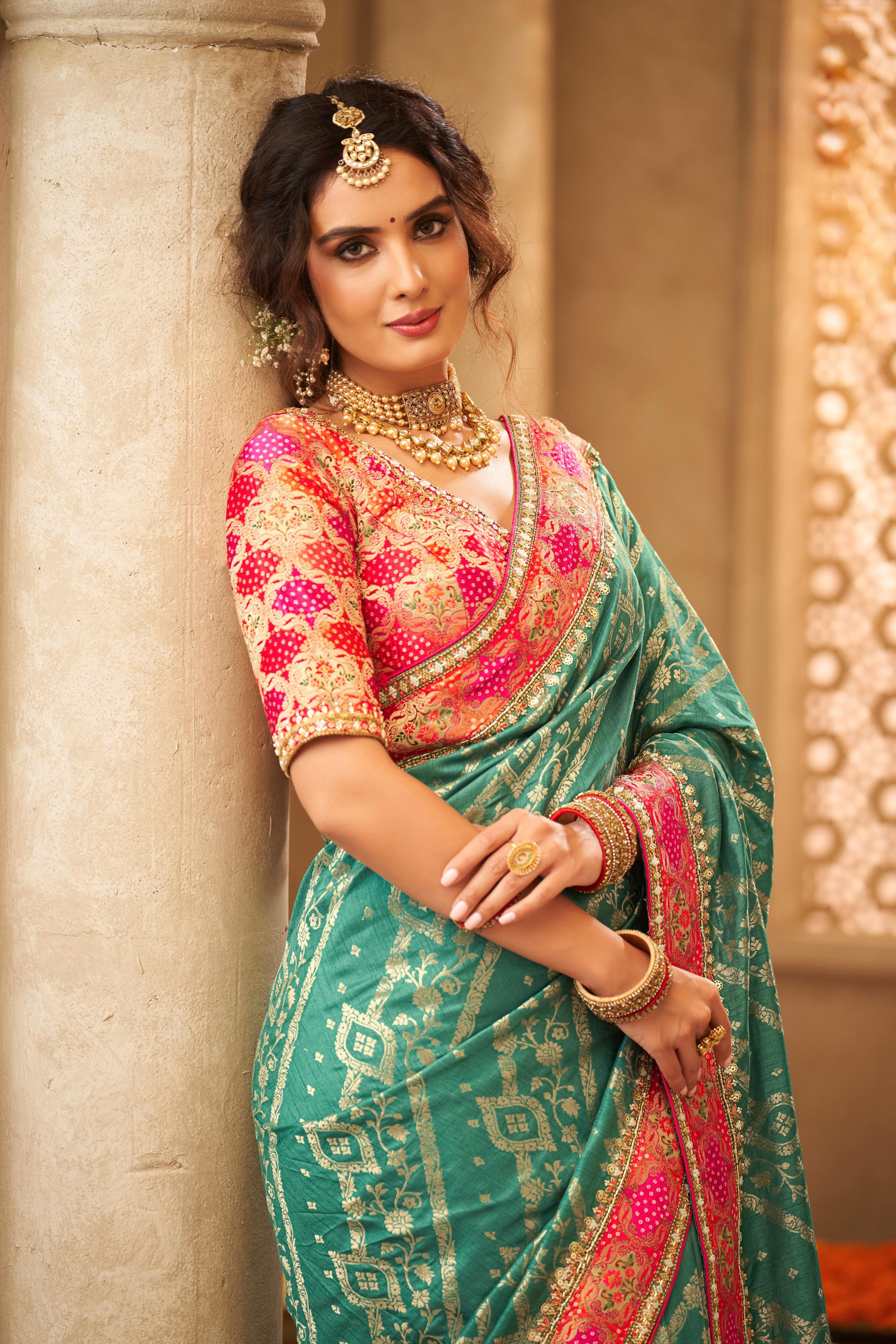 Elegant Green Digital Printed Dola Silk Saree