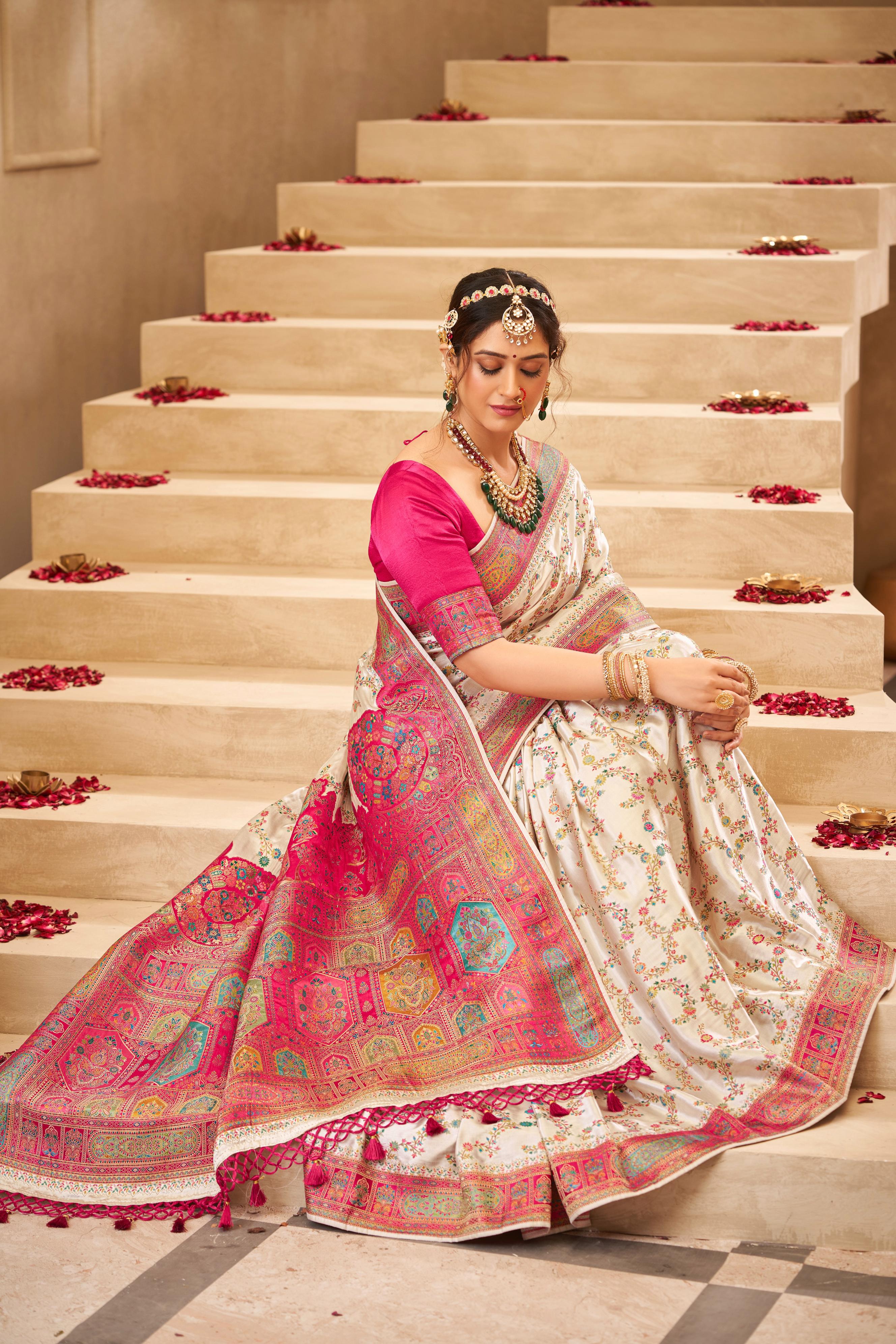 Cream Rose Embellished Tussar Silk Saree