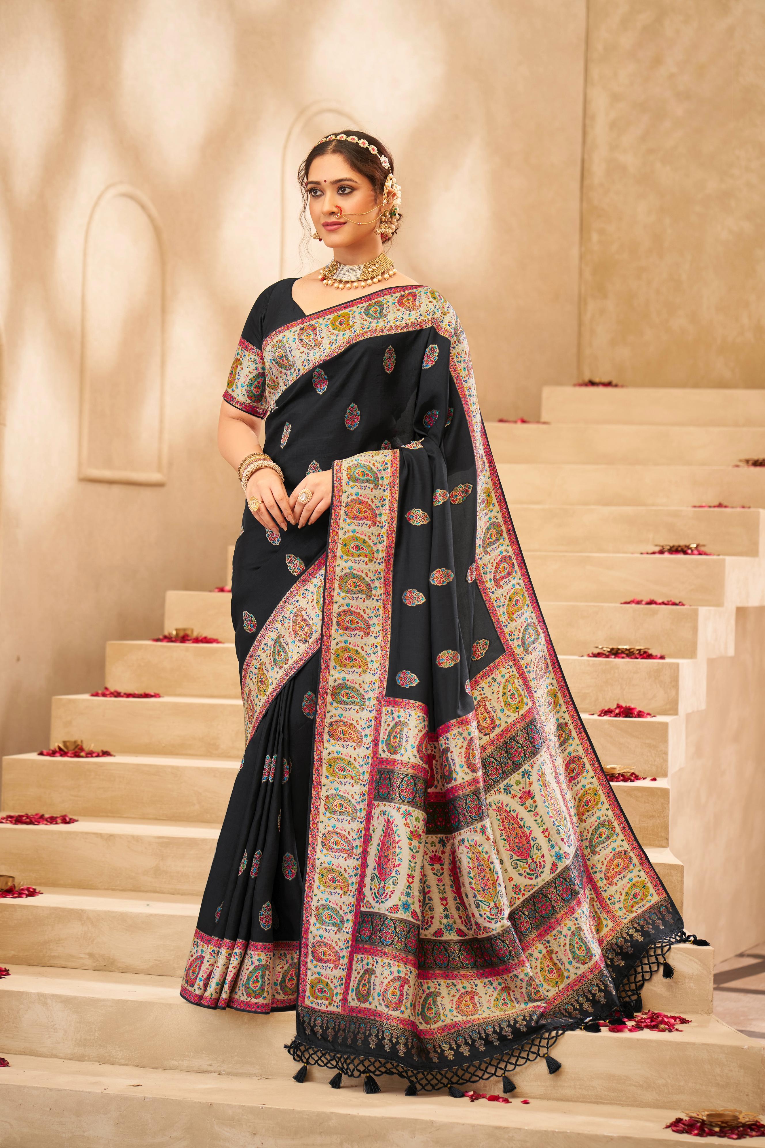 Black Multicolor Embellished Tussar Silk Saree