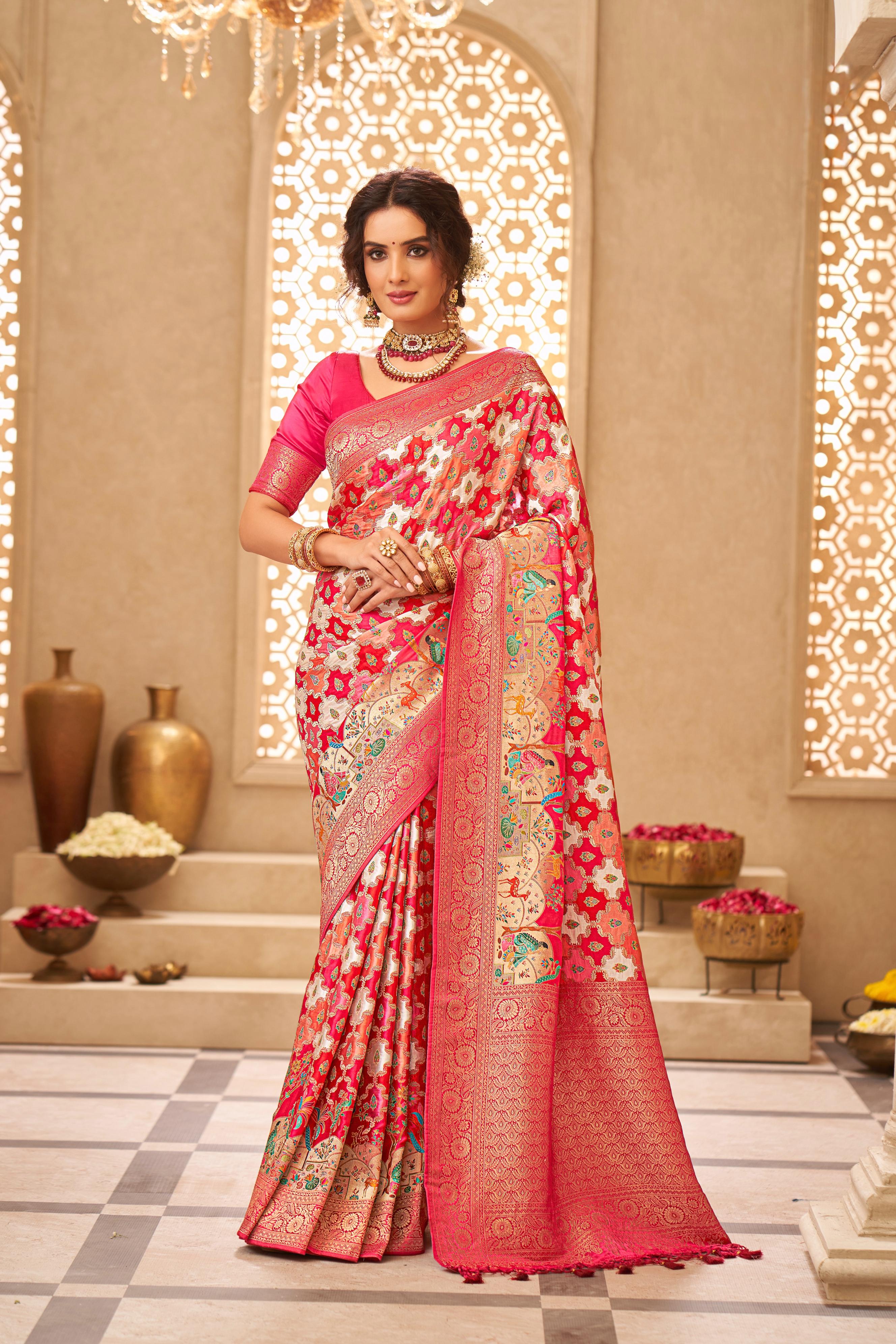 Crimson Red & Cream Banarasi Silk Saree