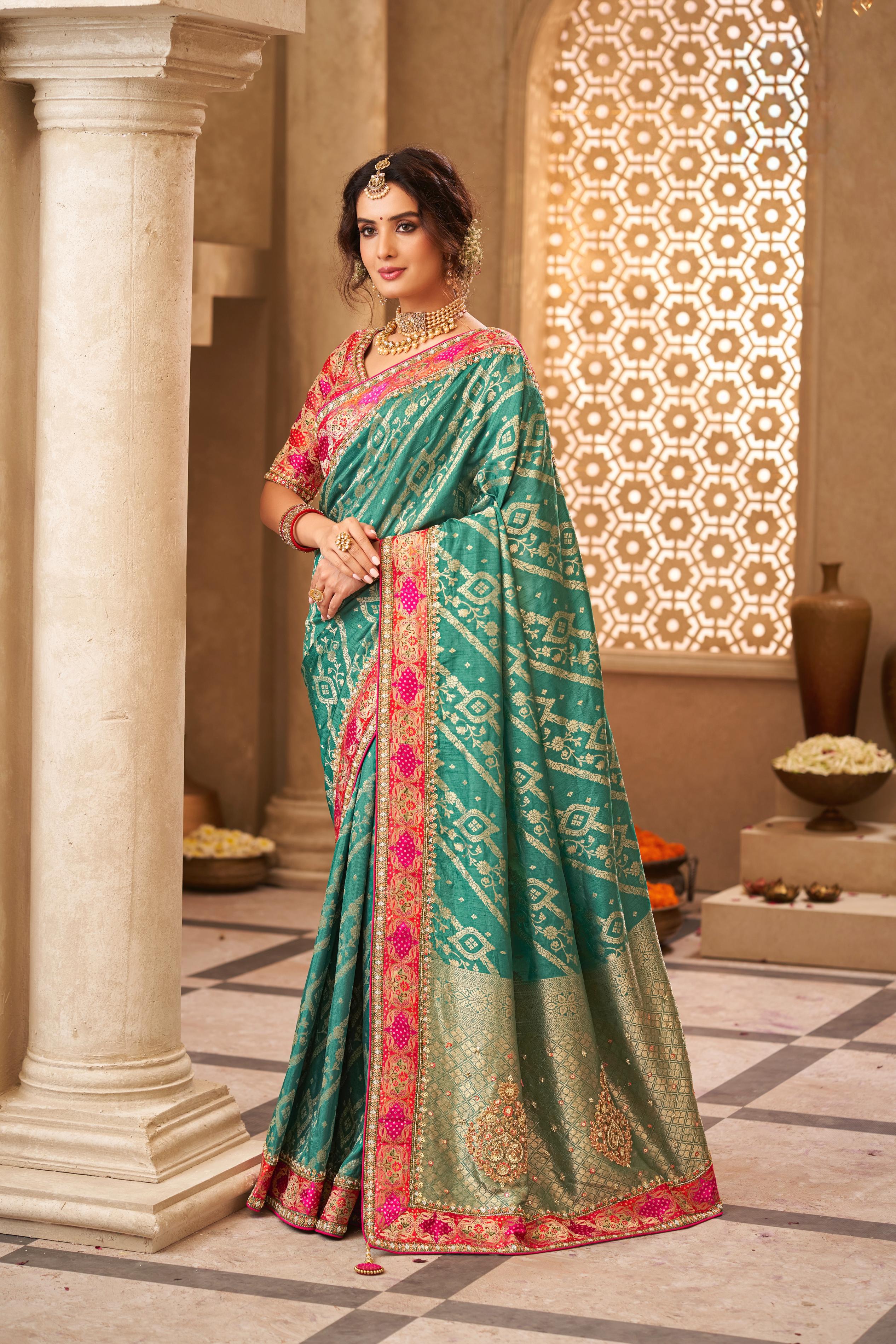 Elegant Green Digital Printed Dola Silk Saree