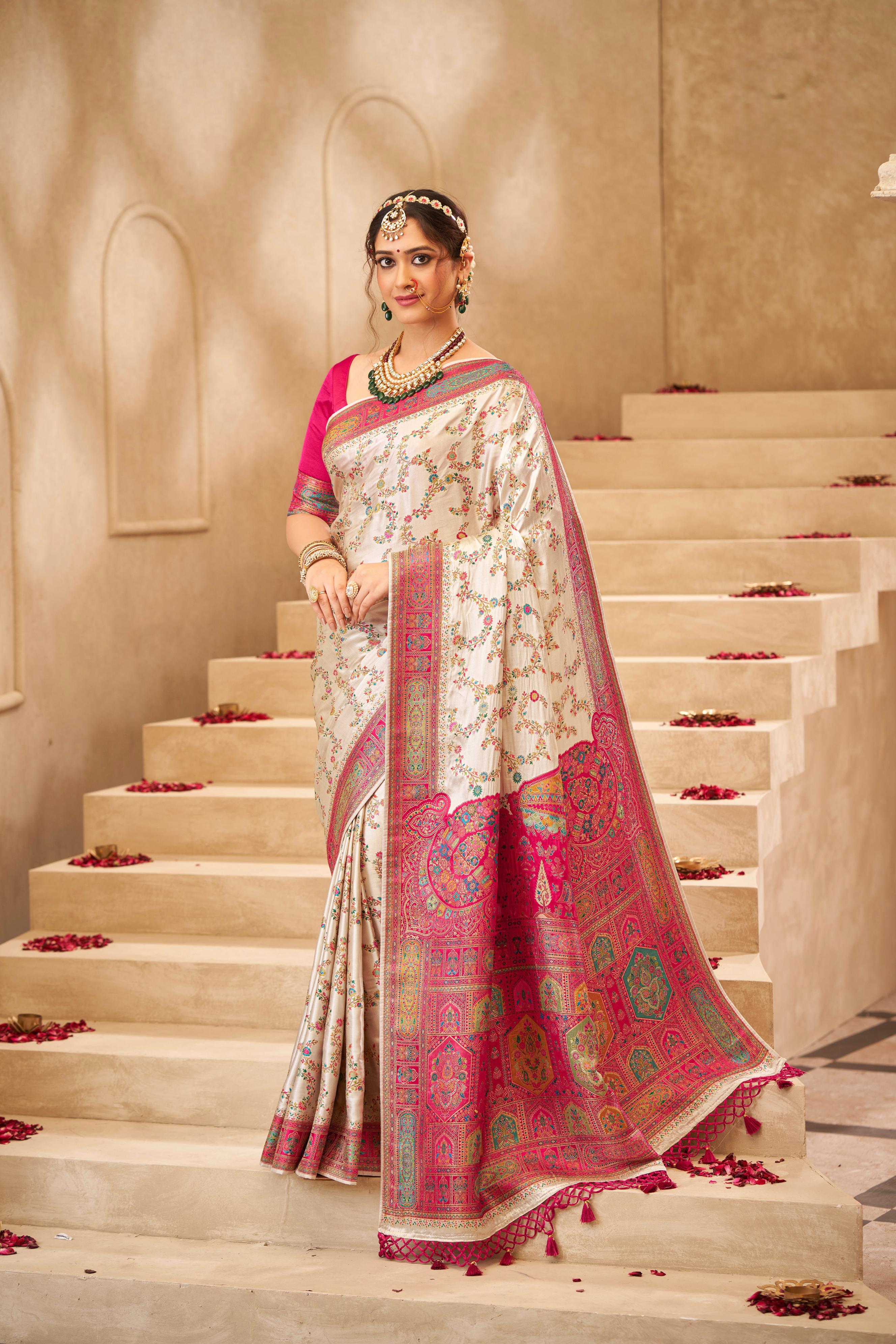 Cream Rose Embellished Tussar Silk Saree