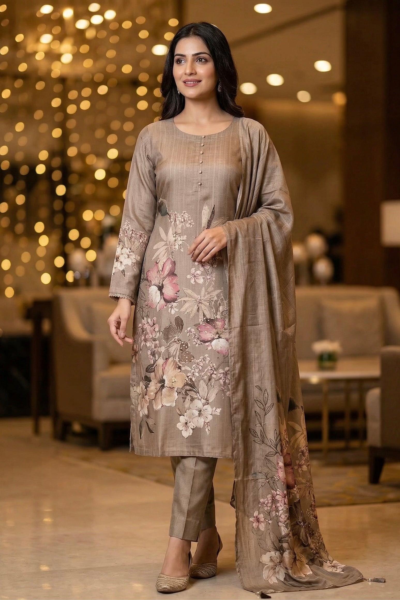 Taupe Floral Printed Muslin Silk Pant Set