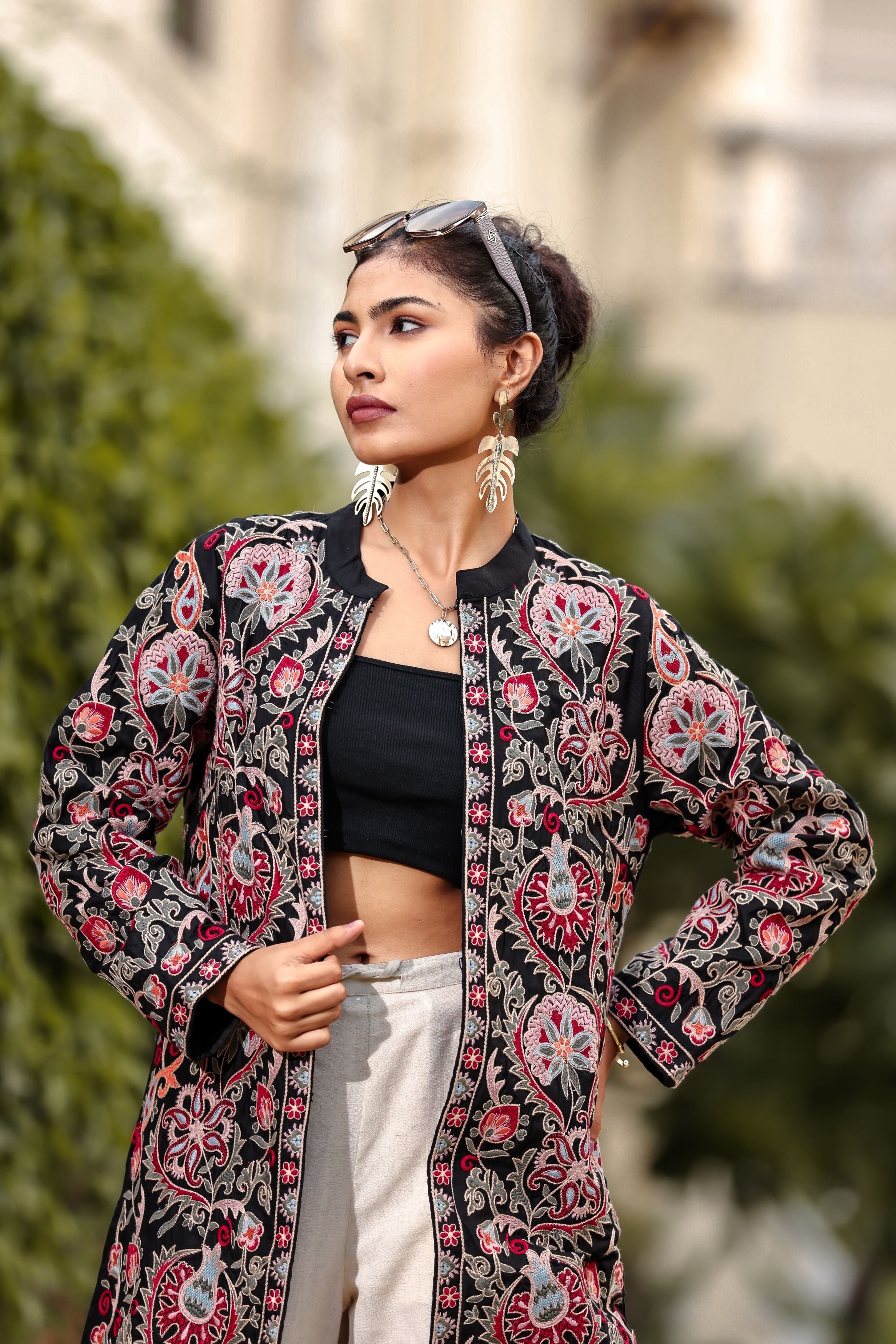 Black Thread Embroidered Organic Cotton Jacket