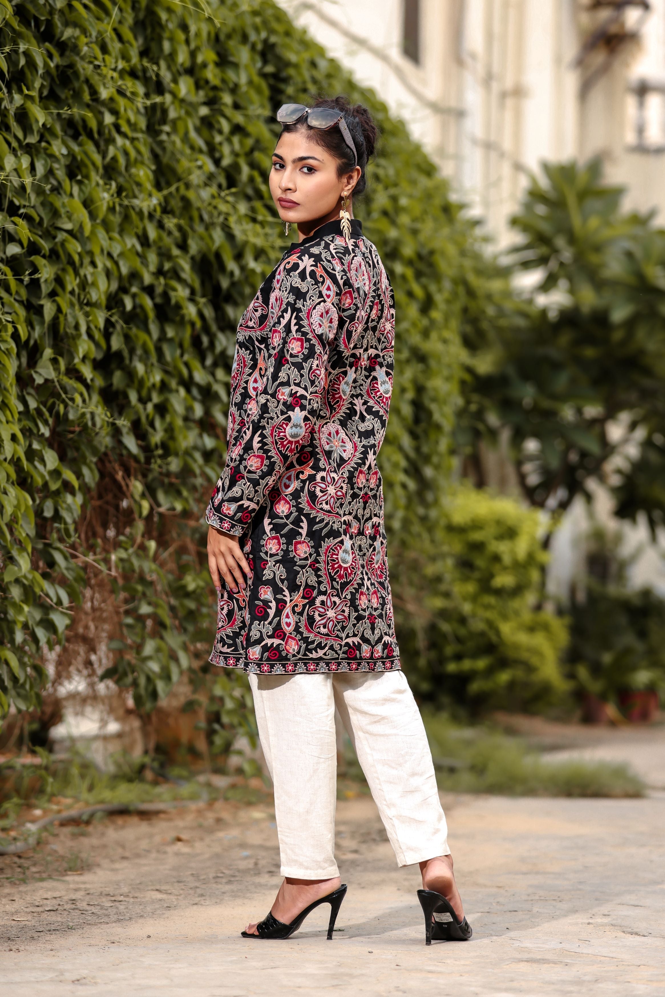 Black Thread Embroidered Organic Cotton Jacket