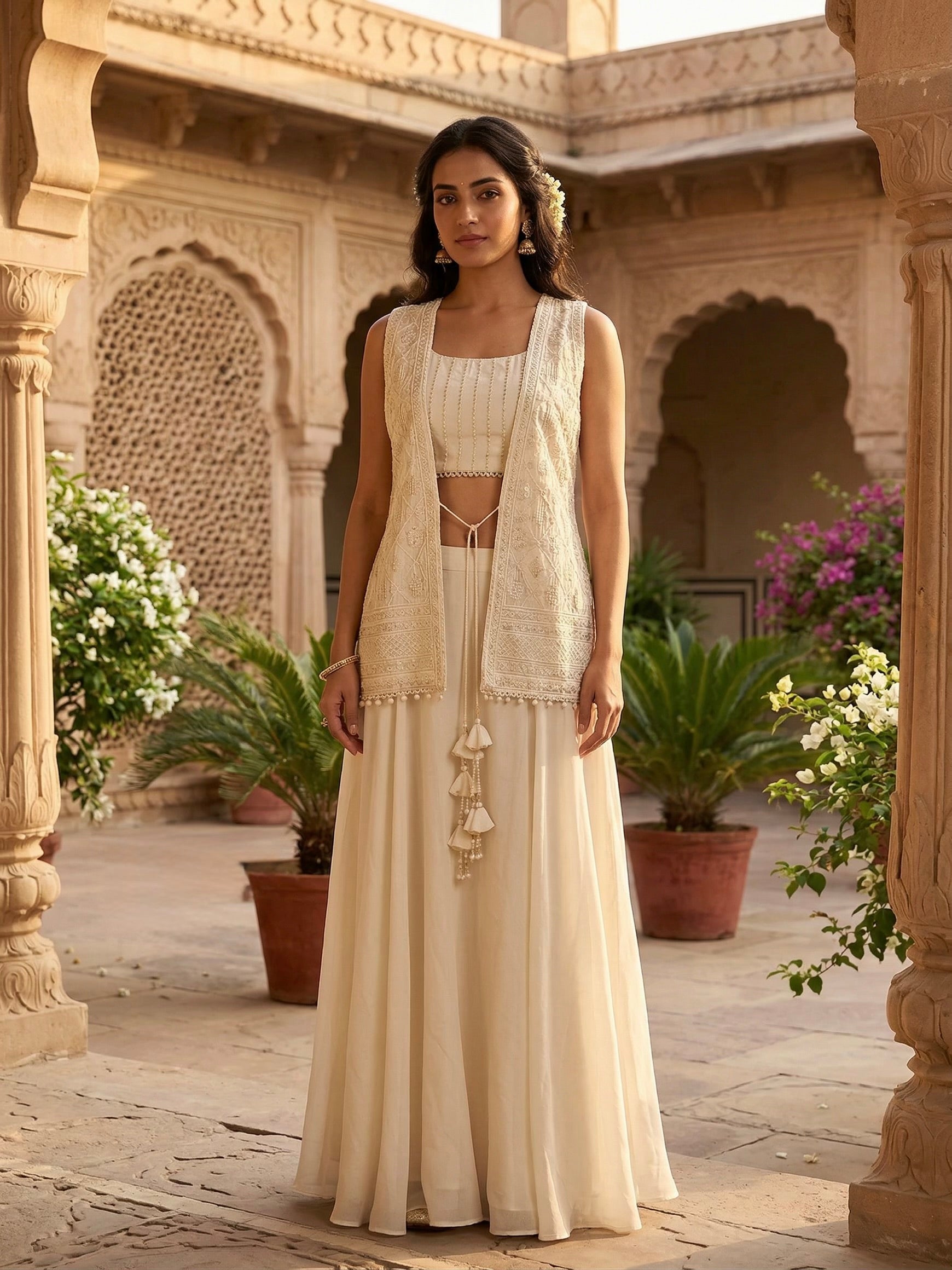 Soft Ivory Embroidered Chanderi Silk Palazzo Set