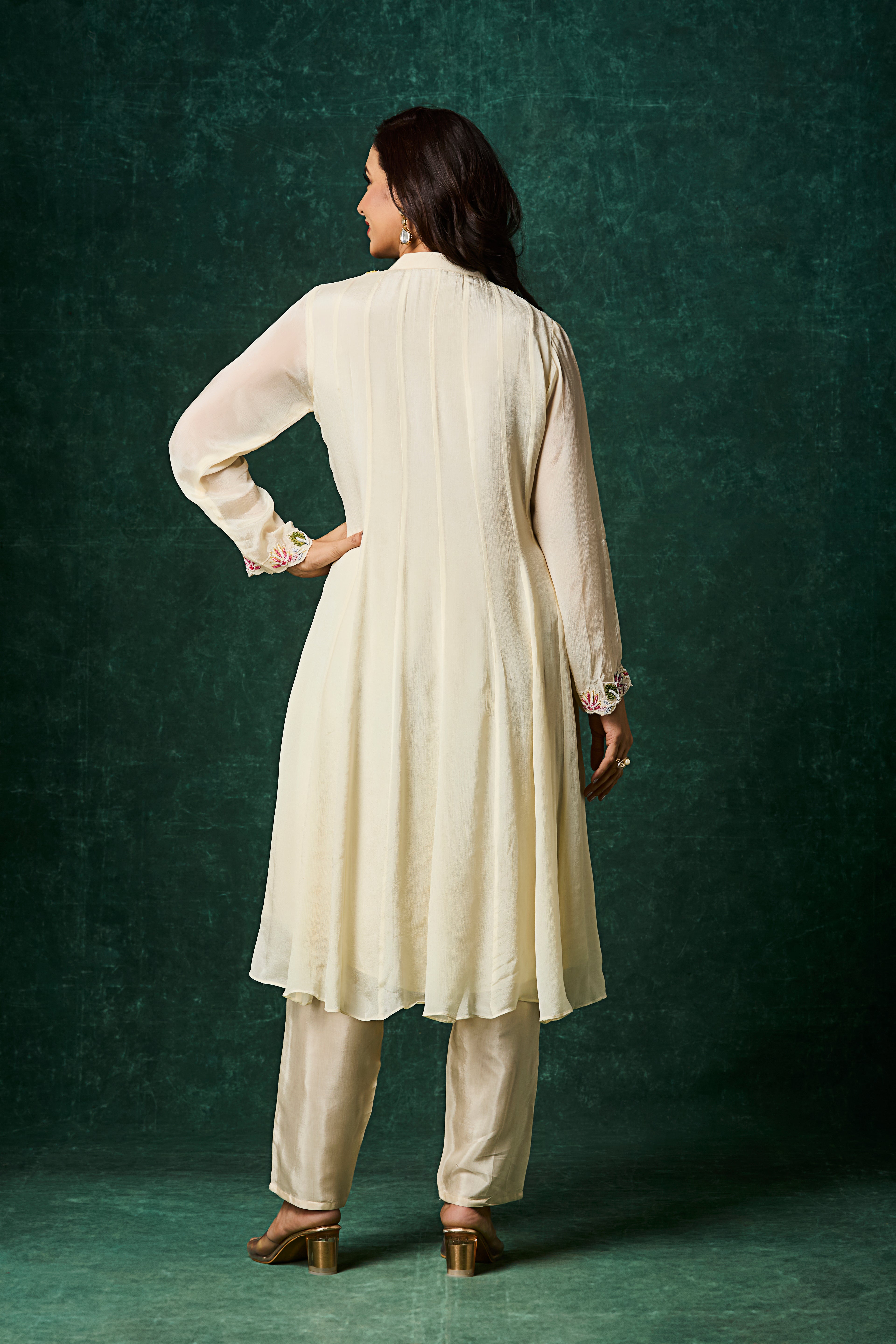 Ivory Embellished Chinon Silk Anarkali Set