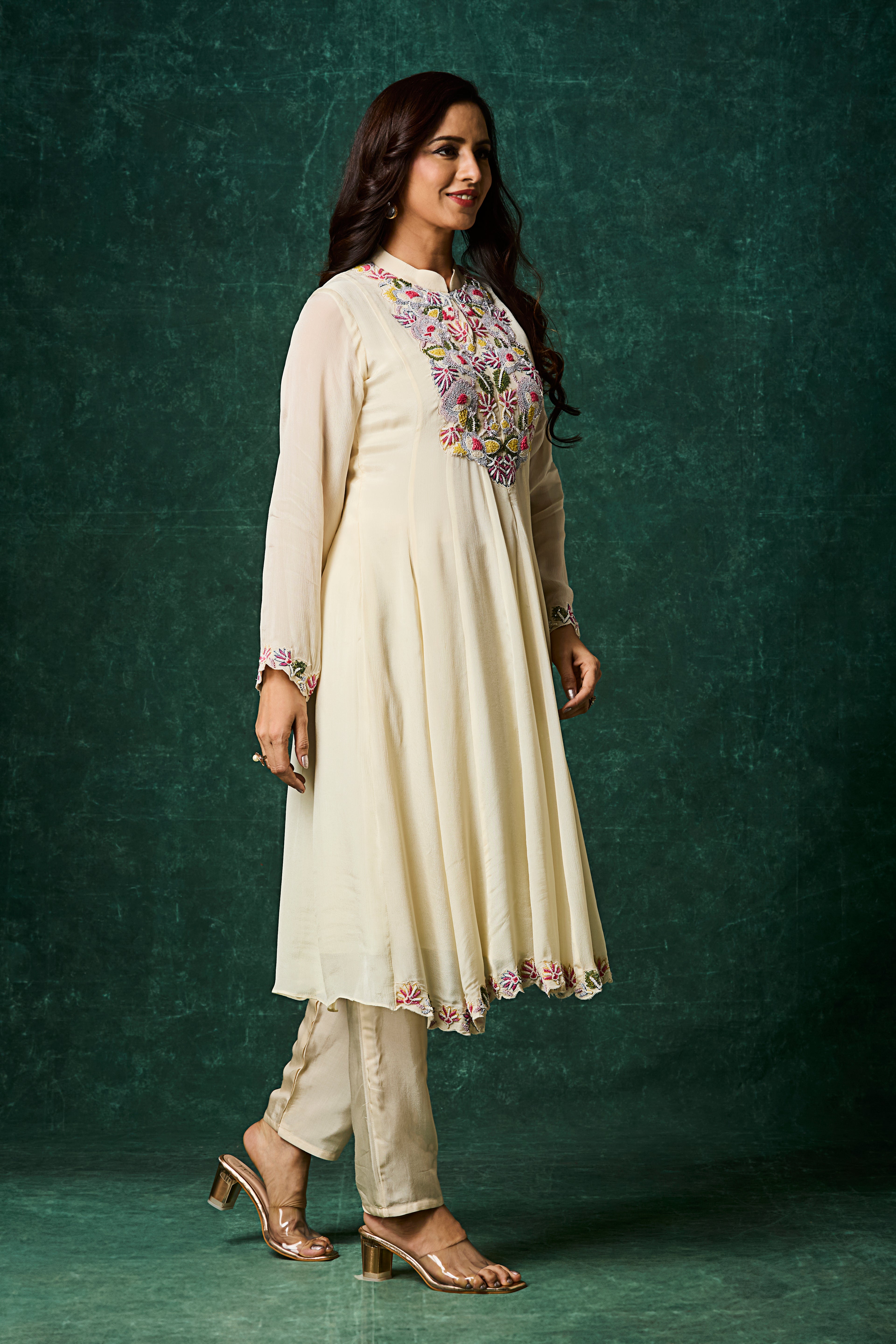 Ivory Embellished Chinon Silk Anarkali Set