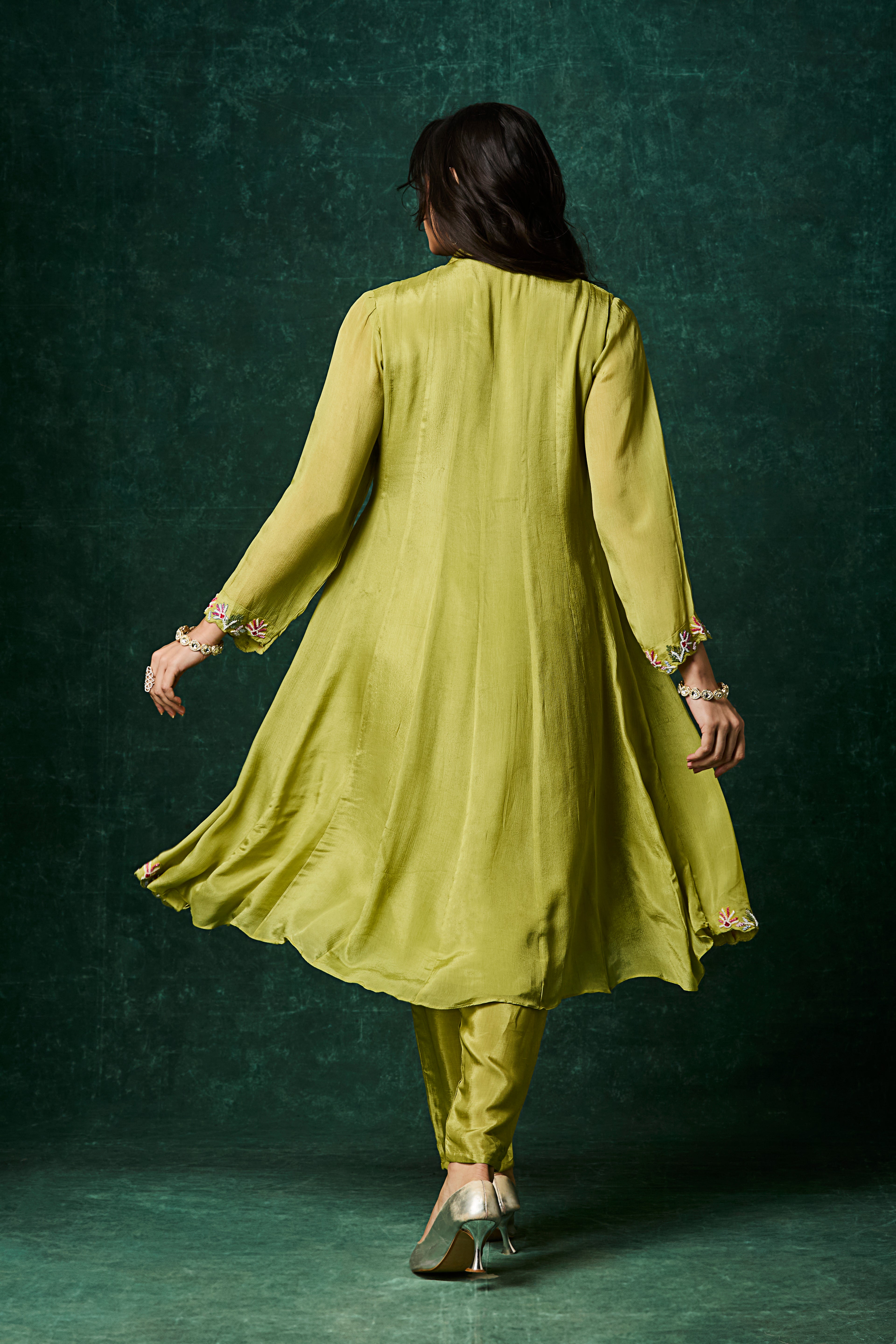 Green Embellished Chinon Silk Anarkali Set