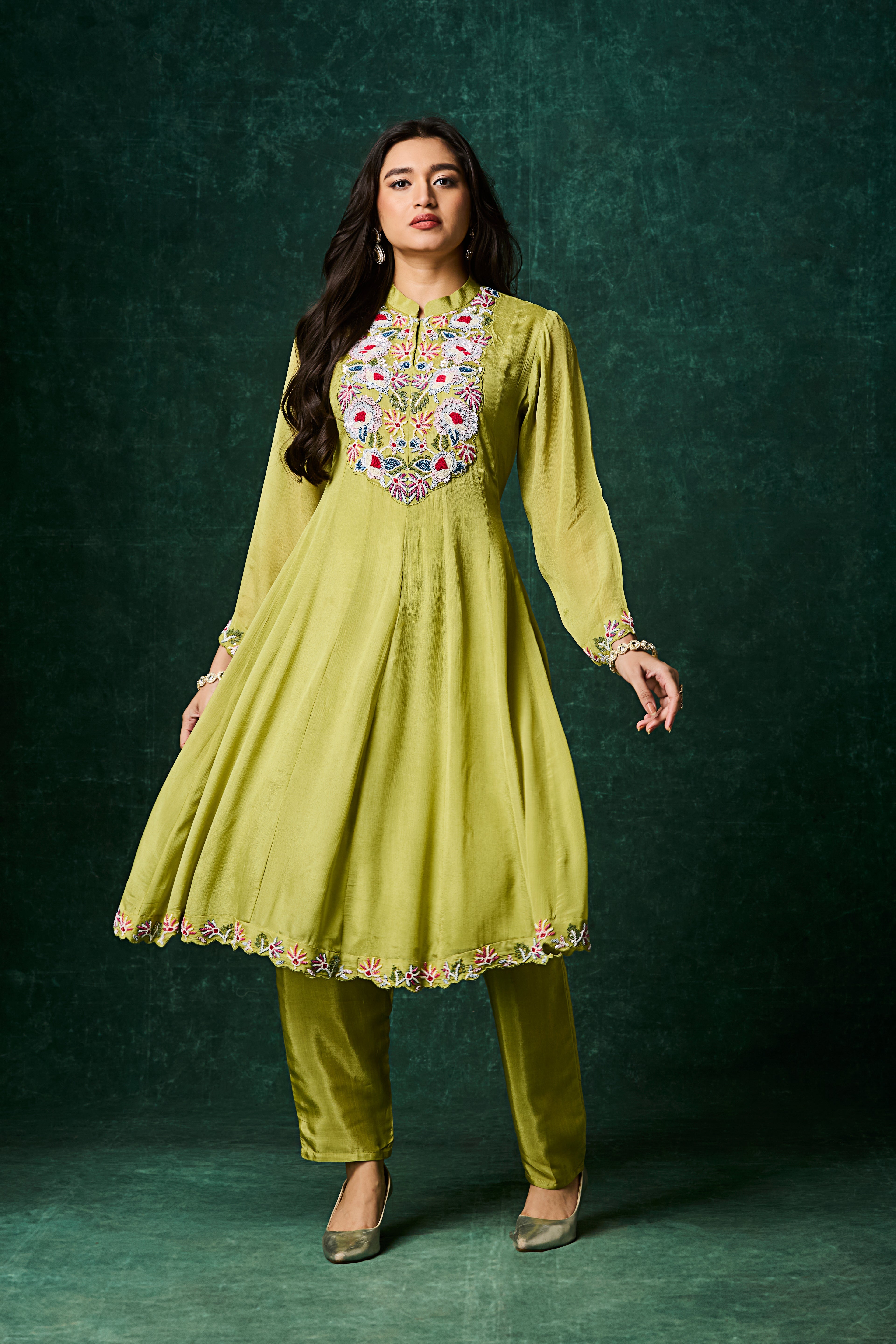 Green Embellished Chinon Silk Anarkali Set