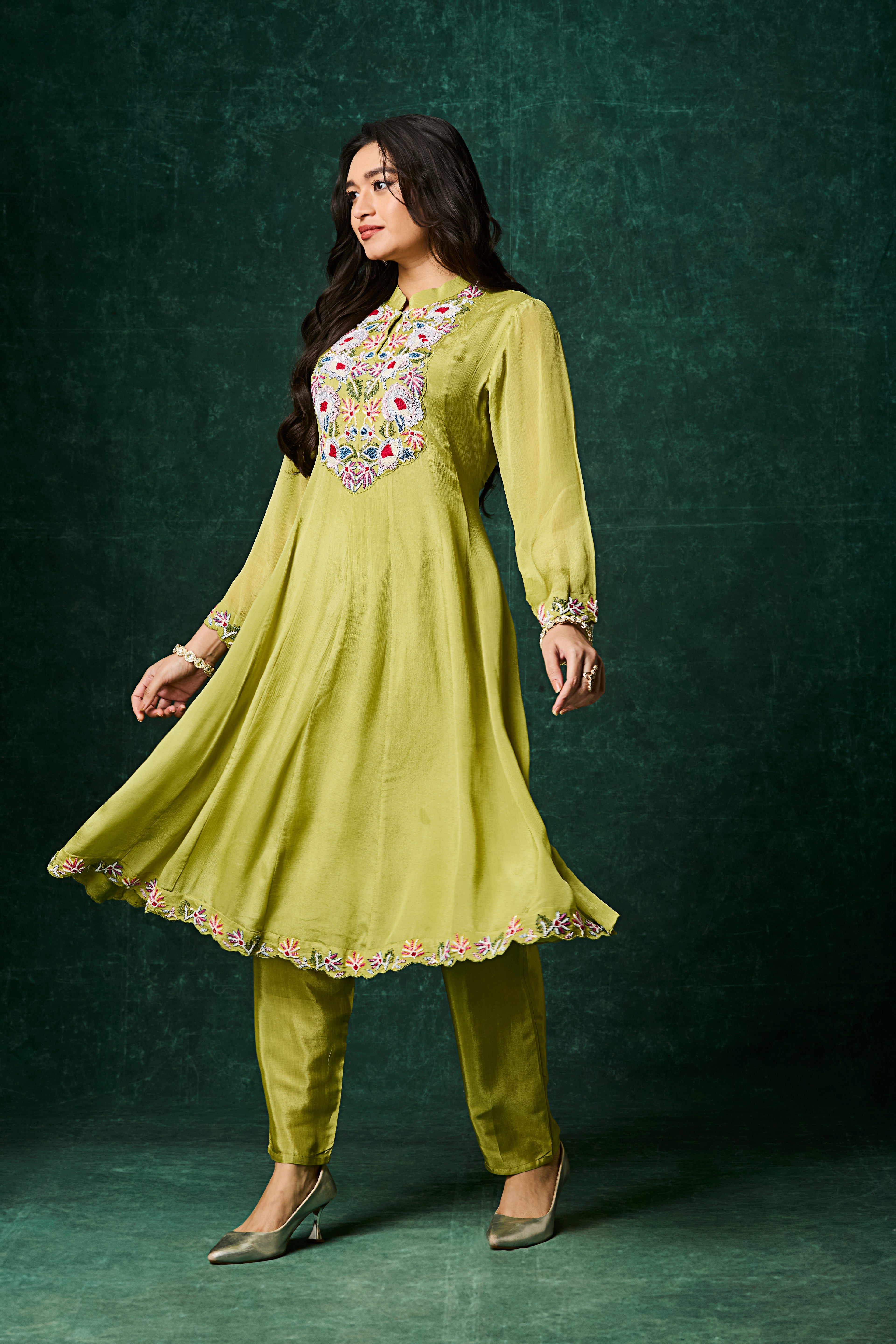Green Embellished Chinon Silk Anarkali Set