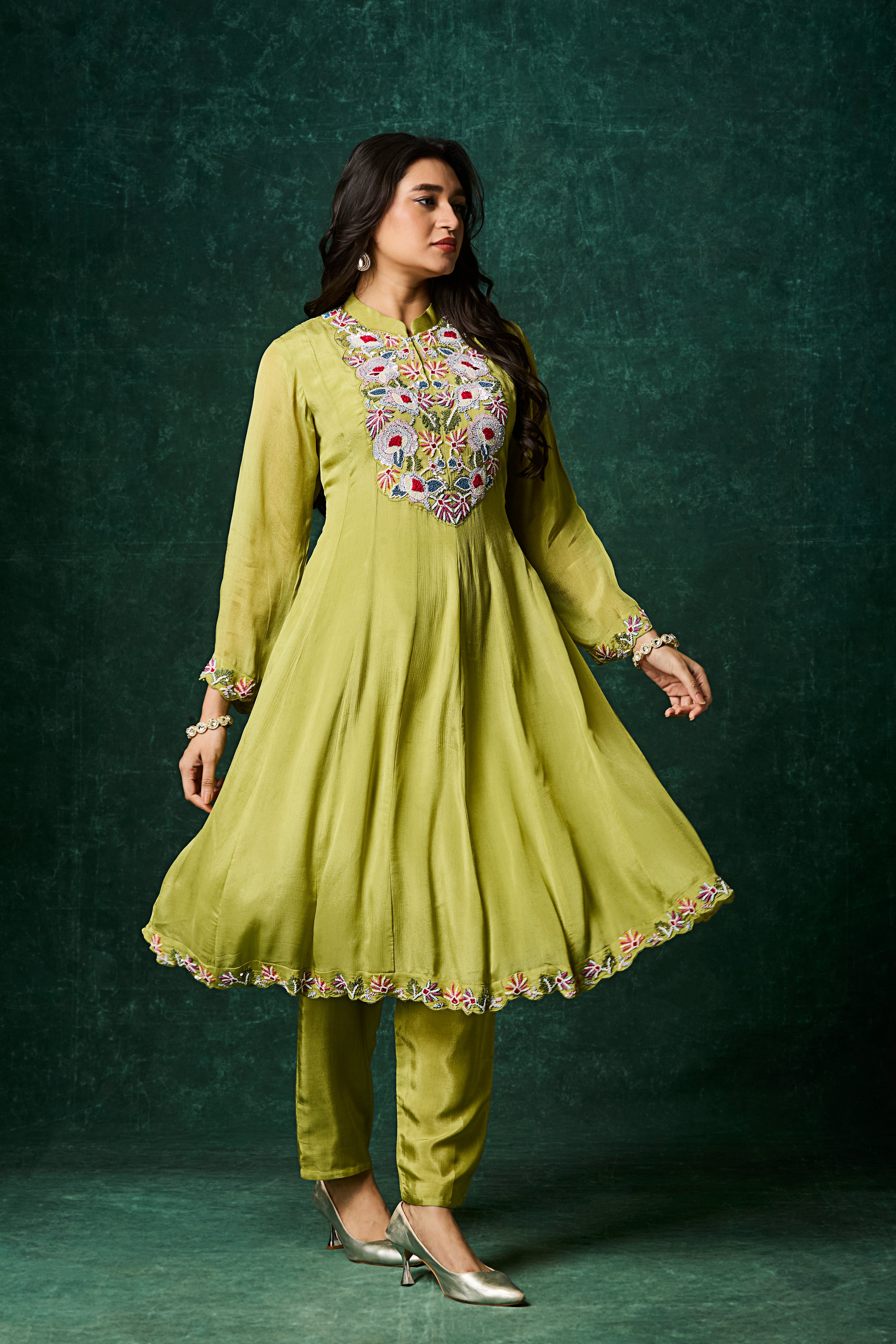 Green Embellished Chinon Silk Anarkali Set