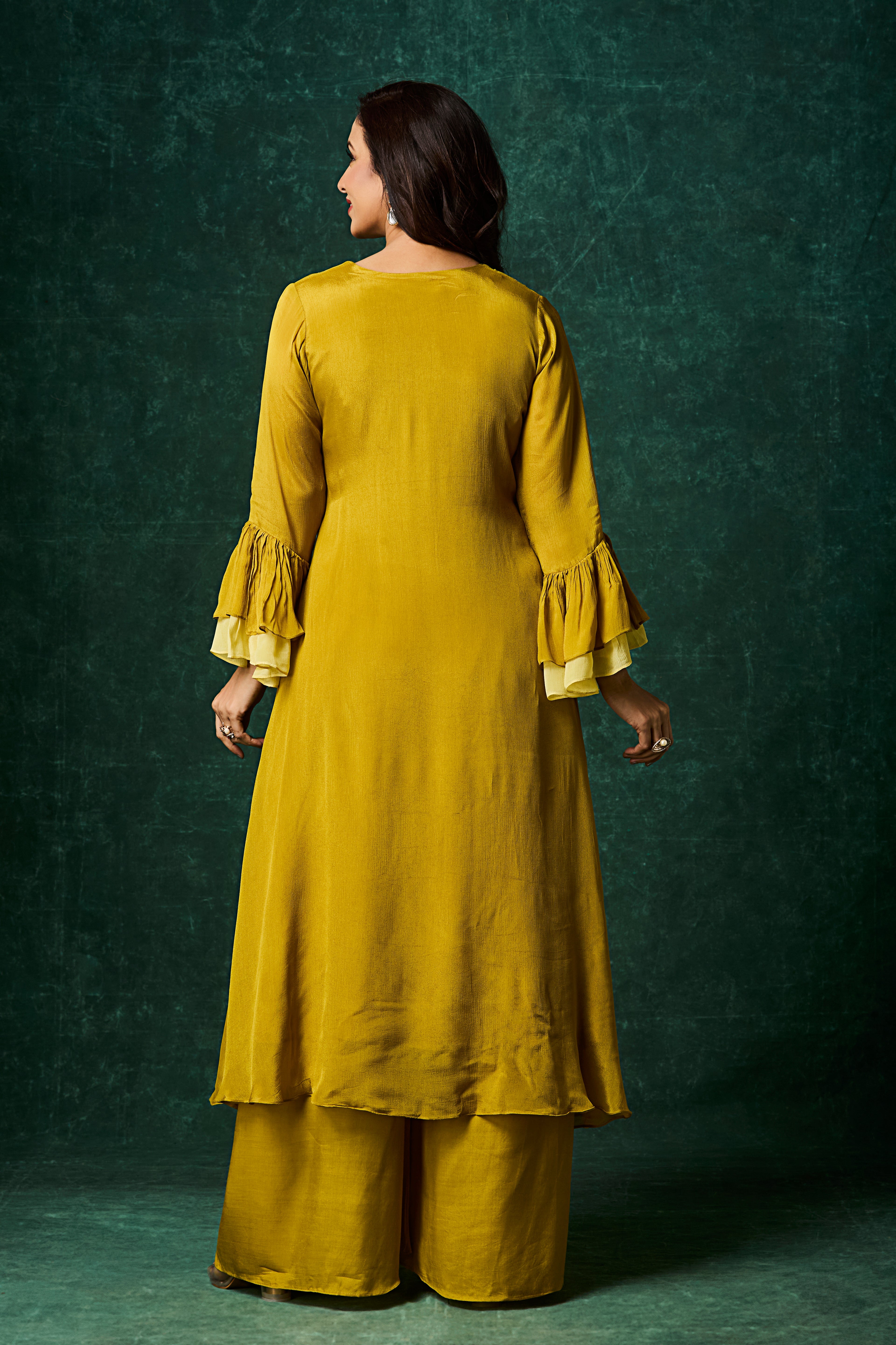 Ochre Yellow Embellished Chinon Silk Palazzo Set