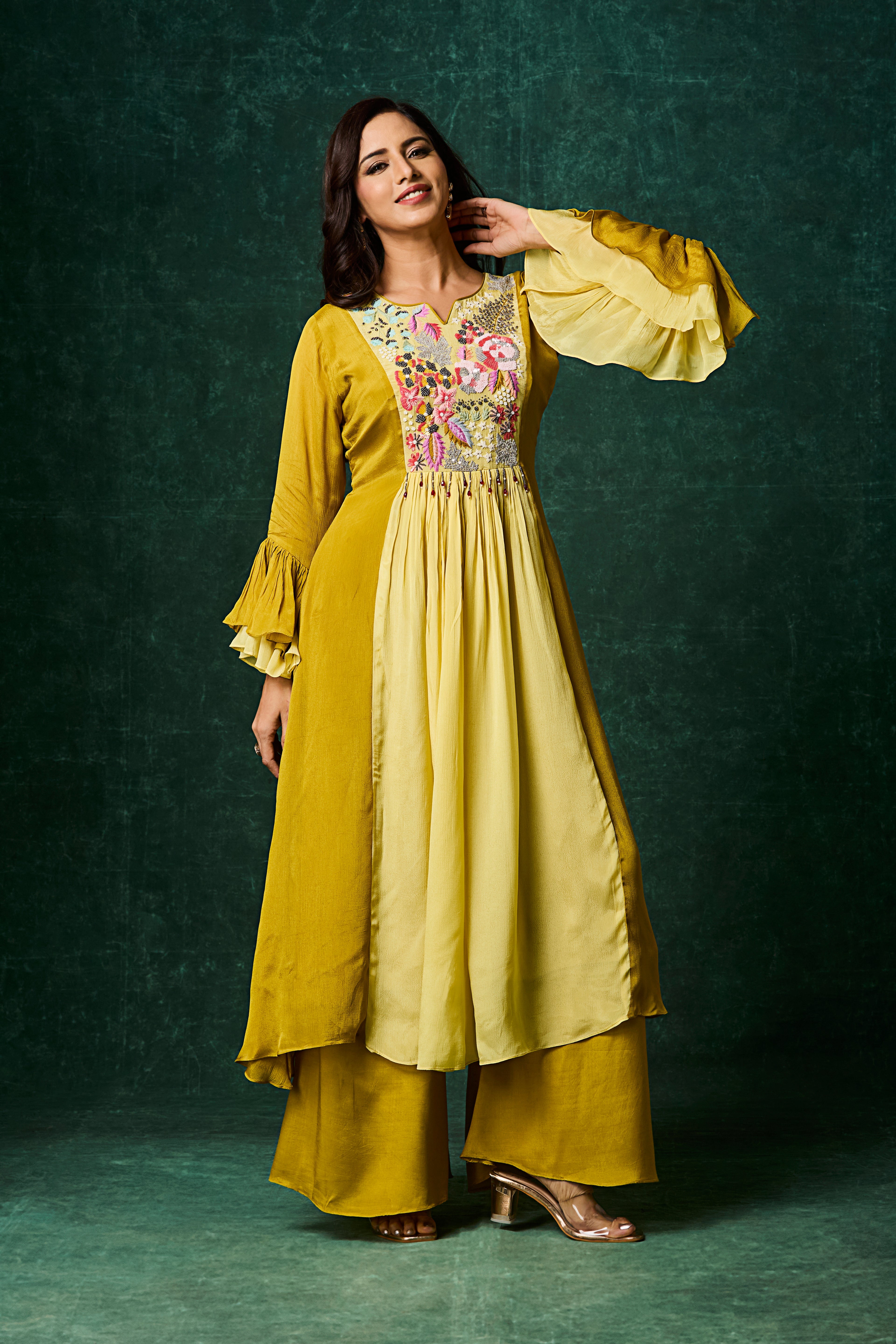 Ochre Yellow Embellished Chinon Silk Palazzo Set