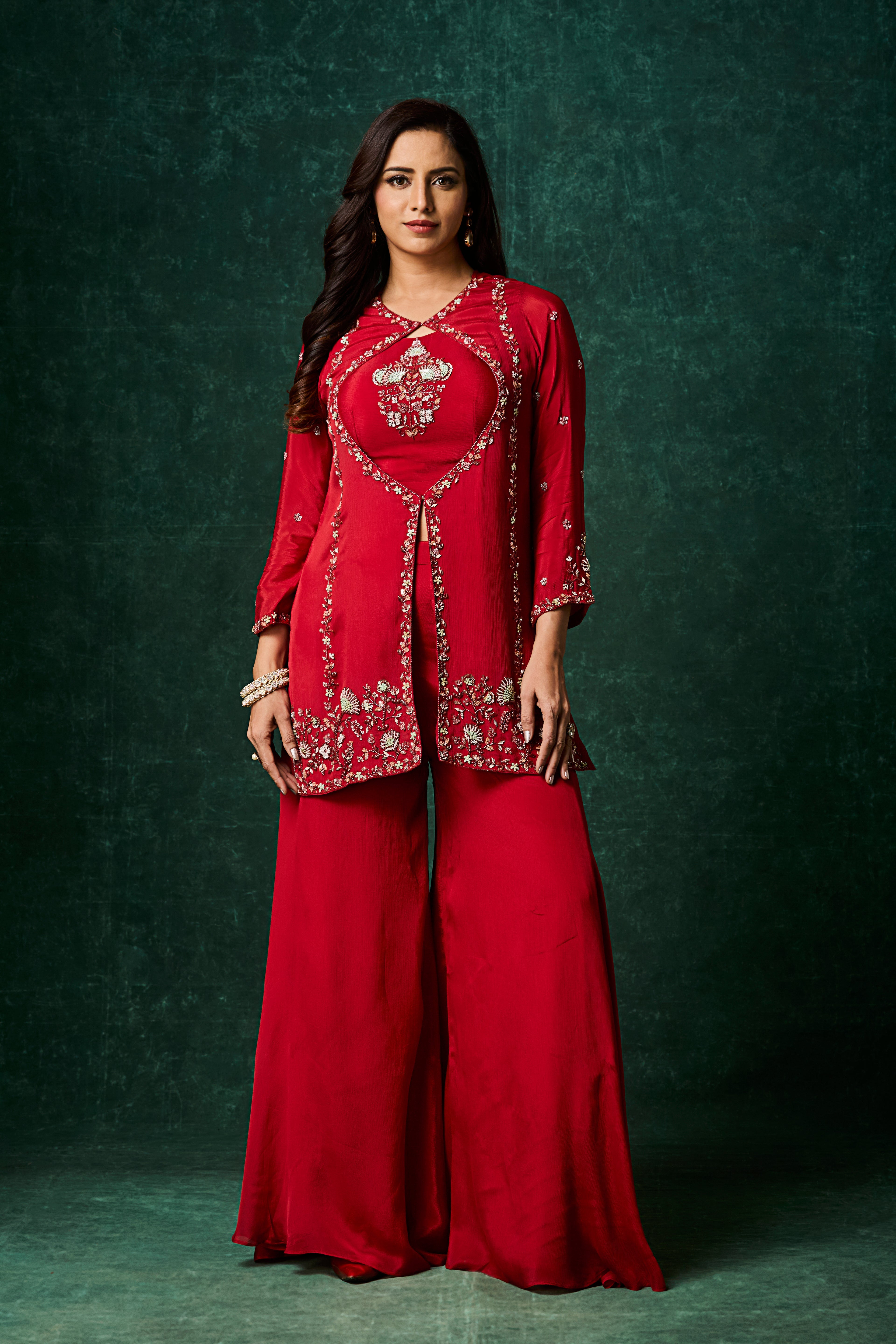 Vibrant Red Embellished Chinon Silk Palazzo Set