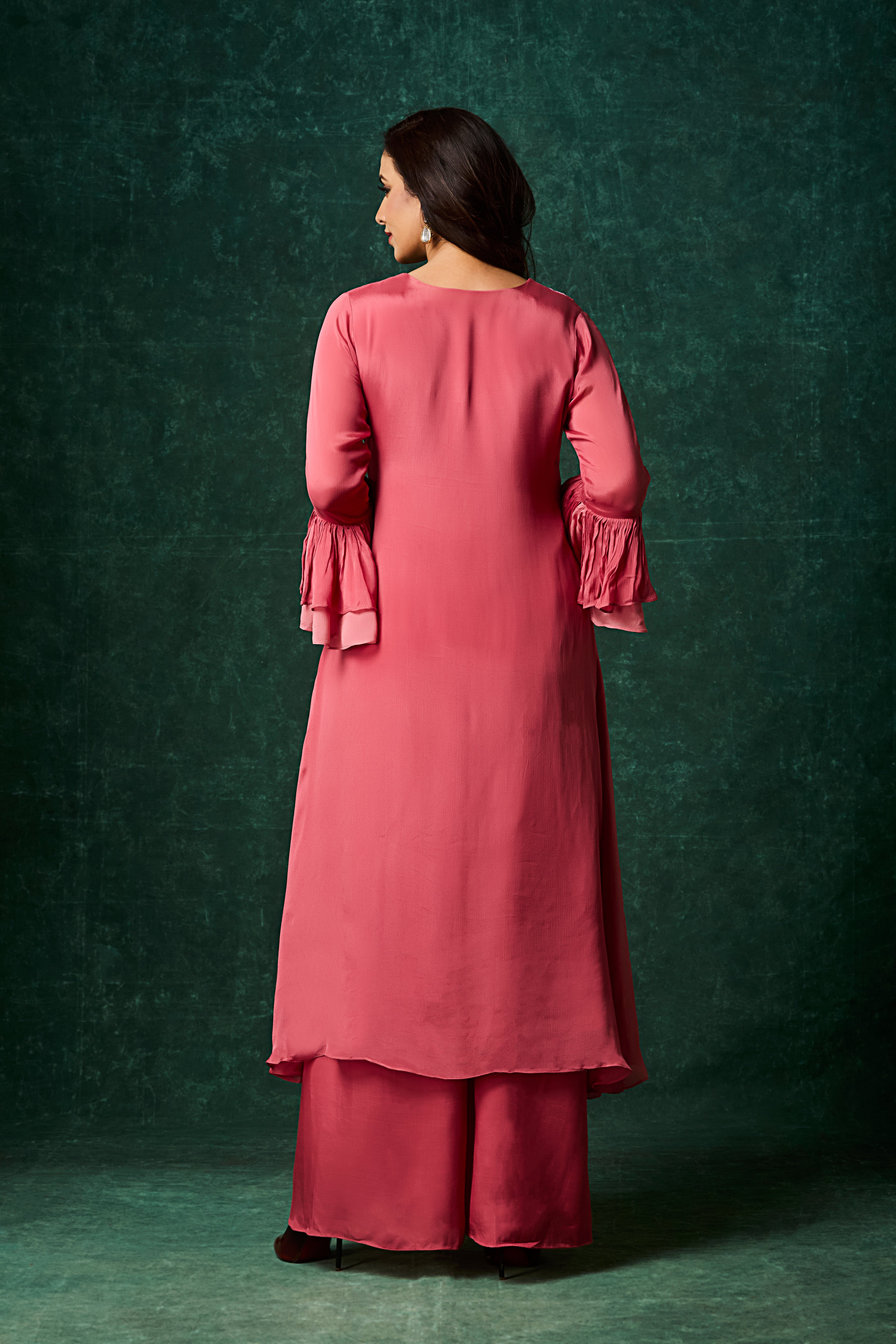 Rosewood Pink Embellished Chinon Silk Palazzo Set