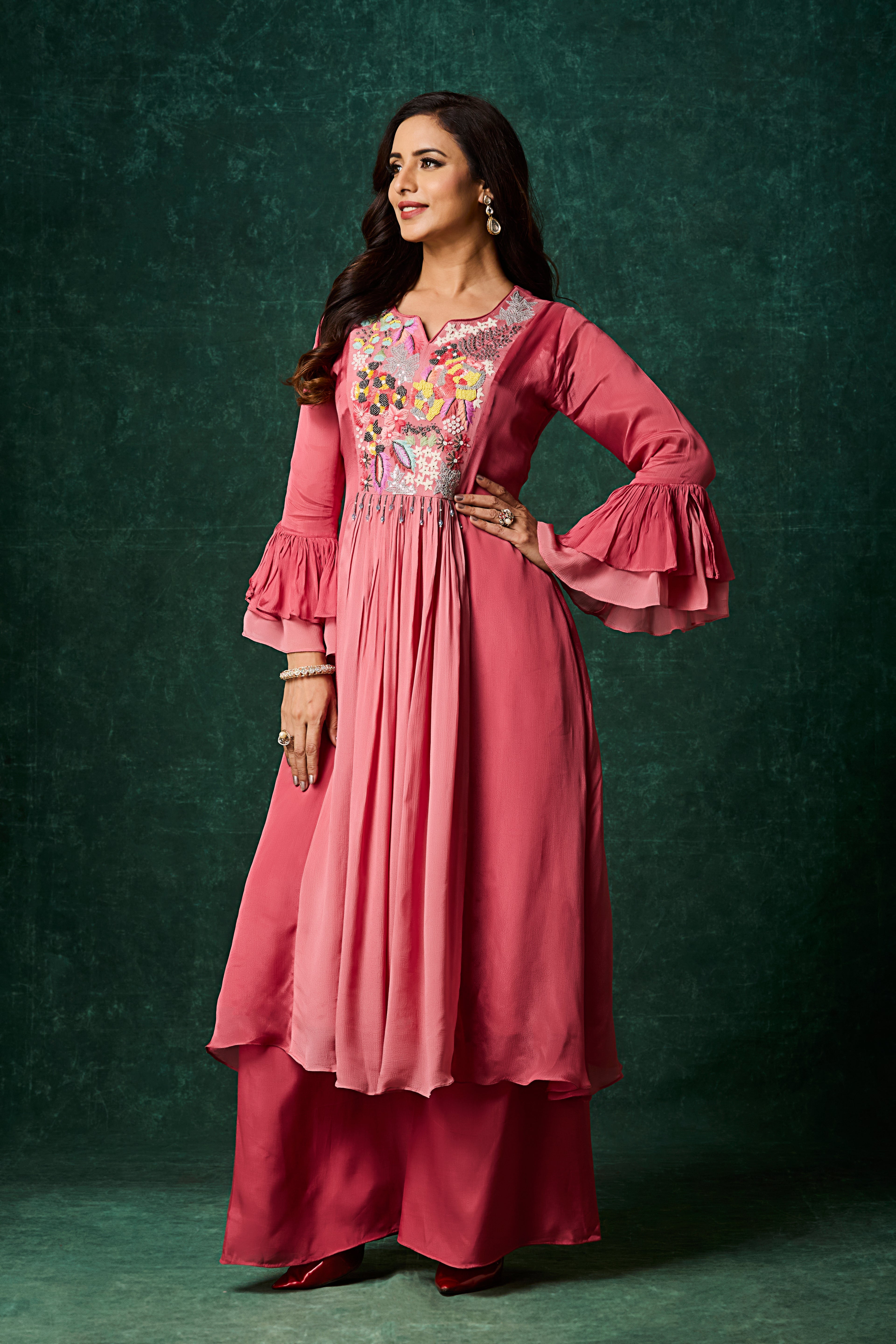 Rosewood Pink Embellished Chinon Silk Palazzo Set