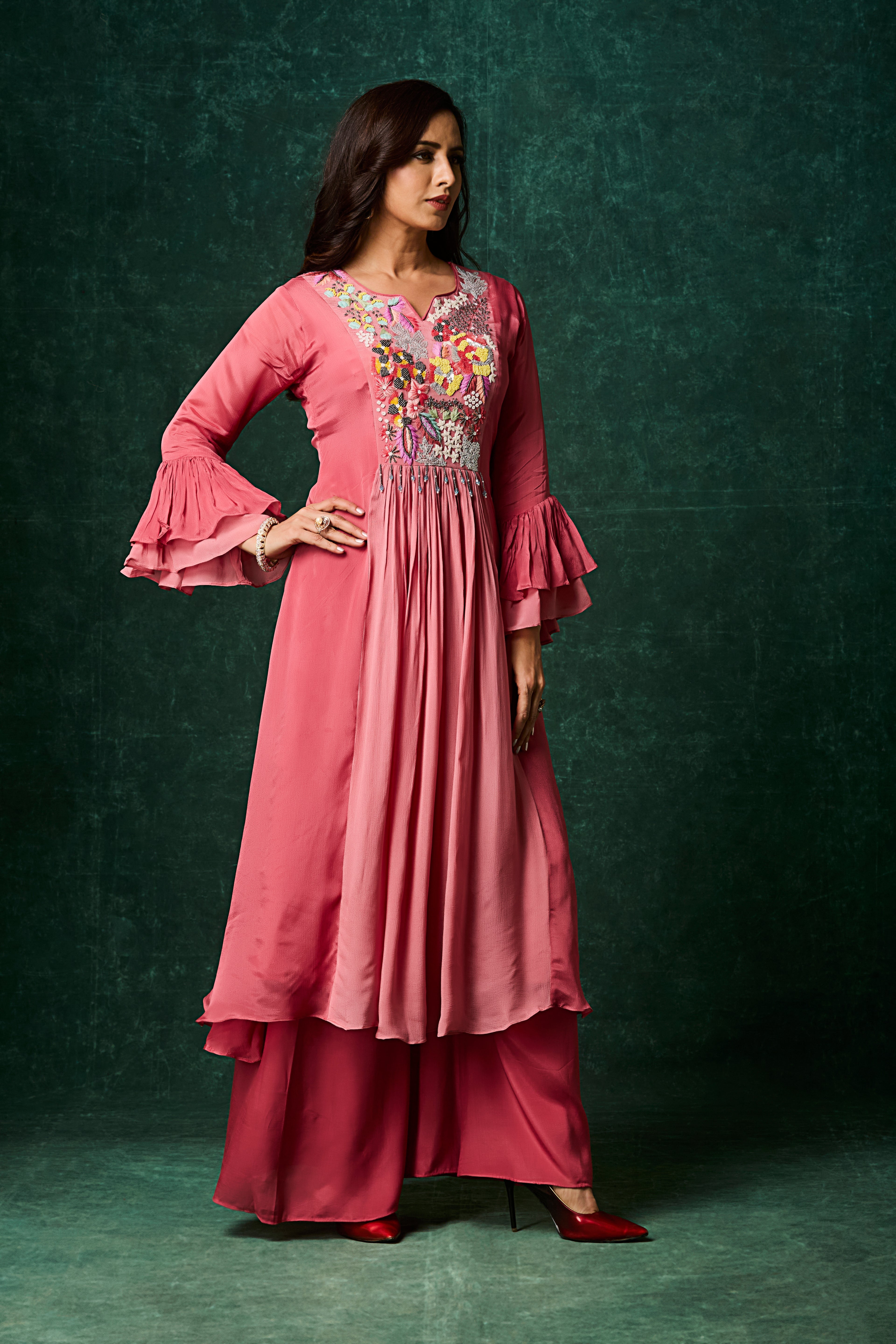 Rosewood Pink Embellished Chinon Silk Palazzo Set