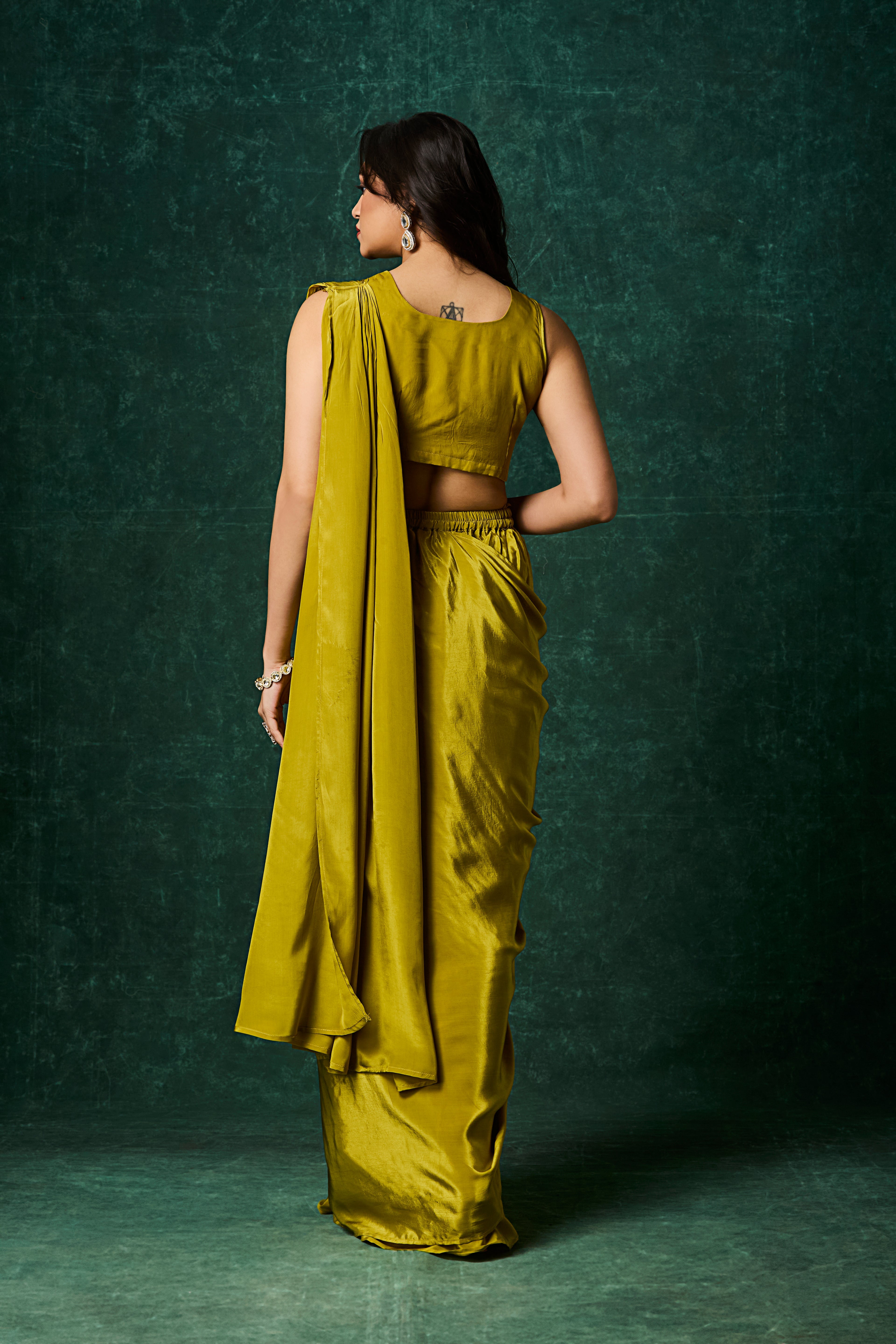 Chartreuse Green Embellished Crepe Silk Drape Saree