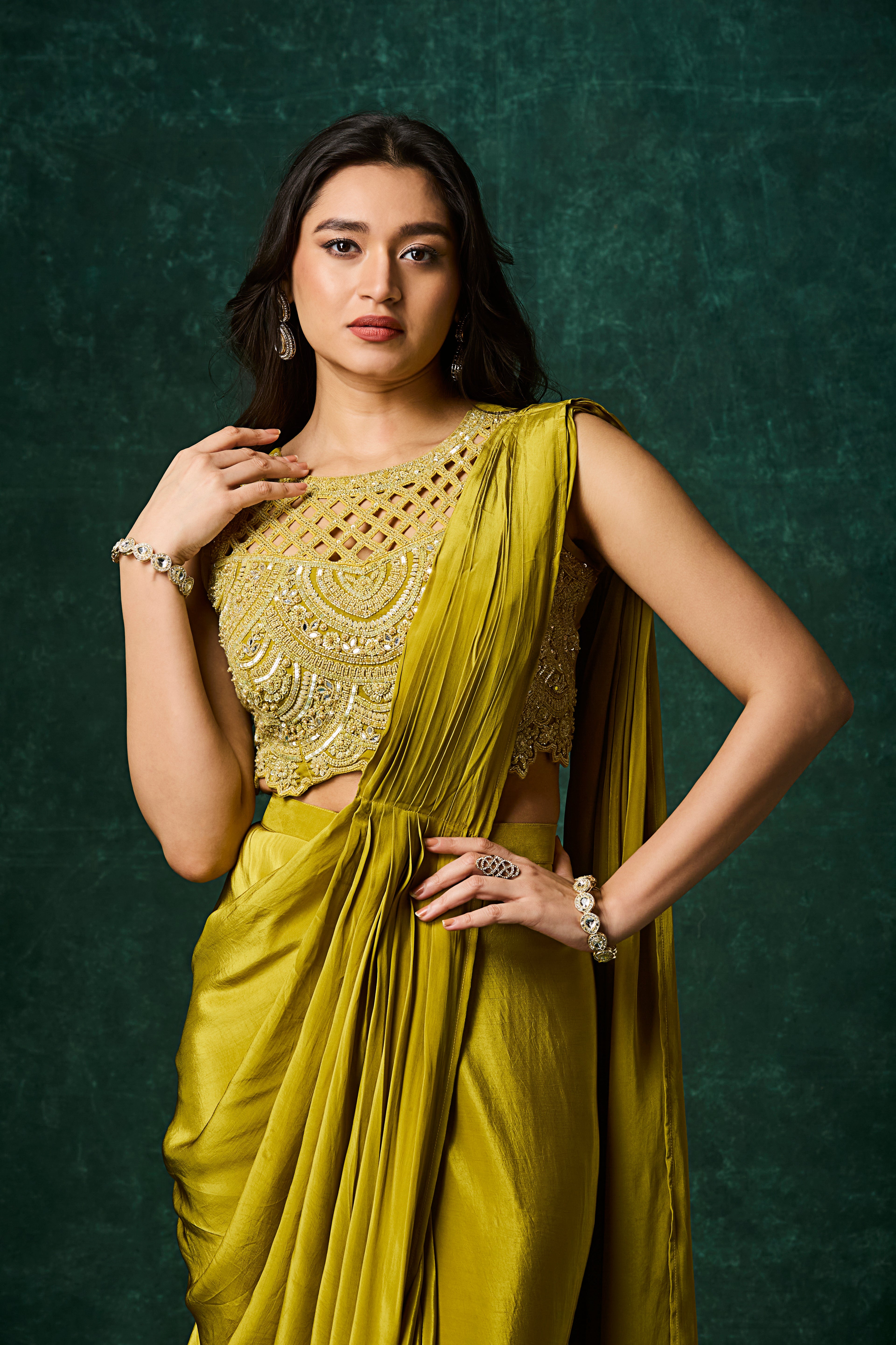 Chartreuse Green Embellished Crepe Silk Drape Saree