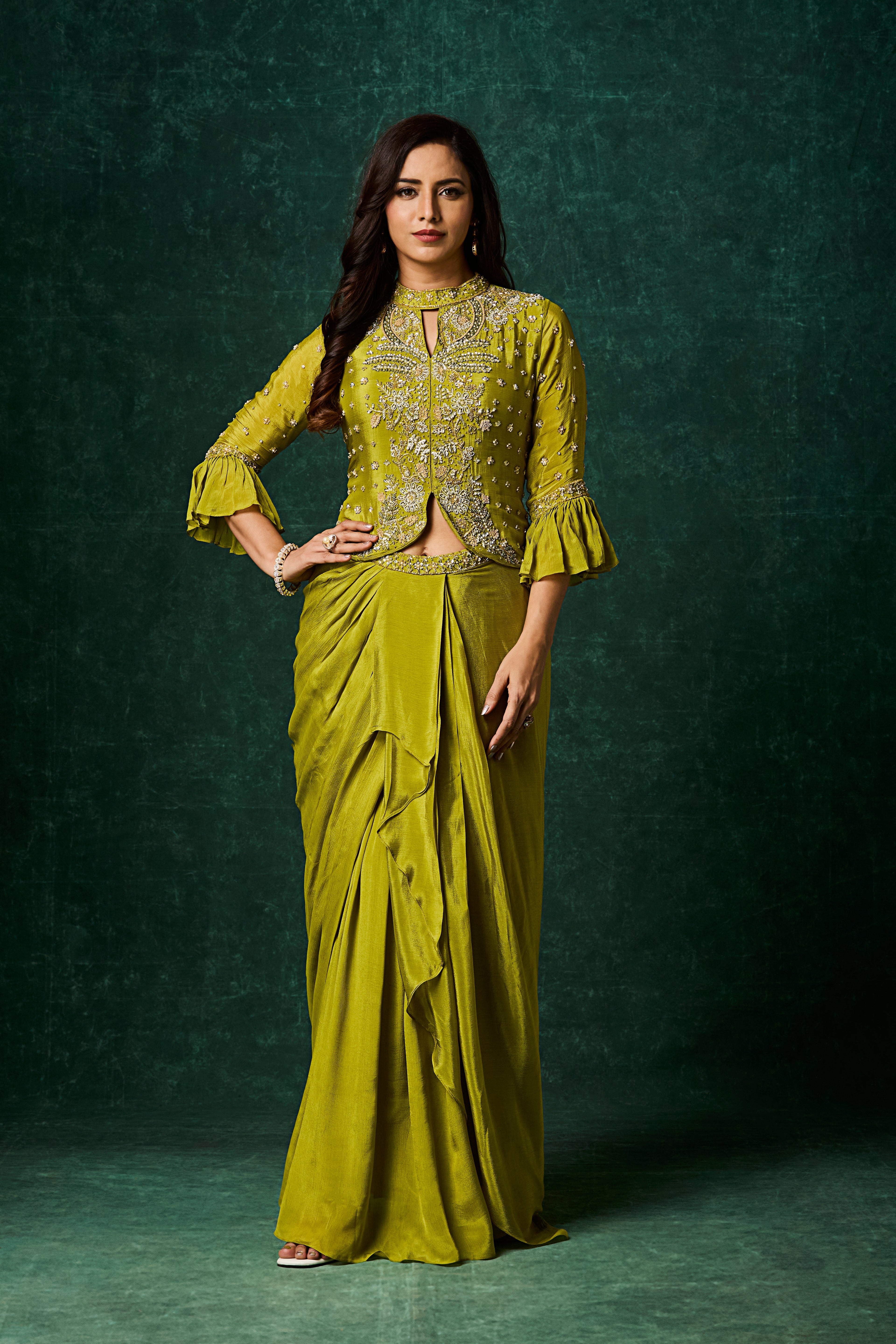 Zesty Lime Embellished Chinon Silk Skirt Set
